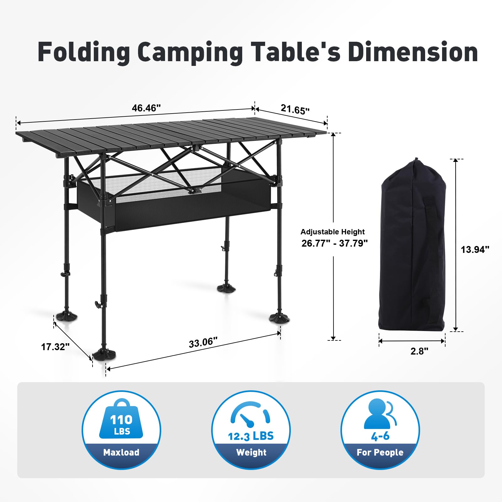 ALPHA CAMP Adjustable Height Folding Camping Table - Portable Roll-up Outdoor Picnic Table with Storage Bag - Lightweight Aluminum for Backyard, Beach, BBQ & Indoor Use - Perfect for Camping, Tailgating and Outdoor Adventures