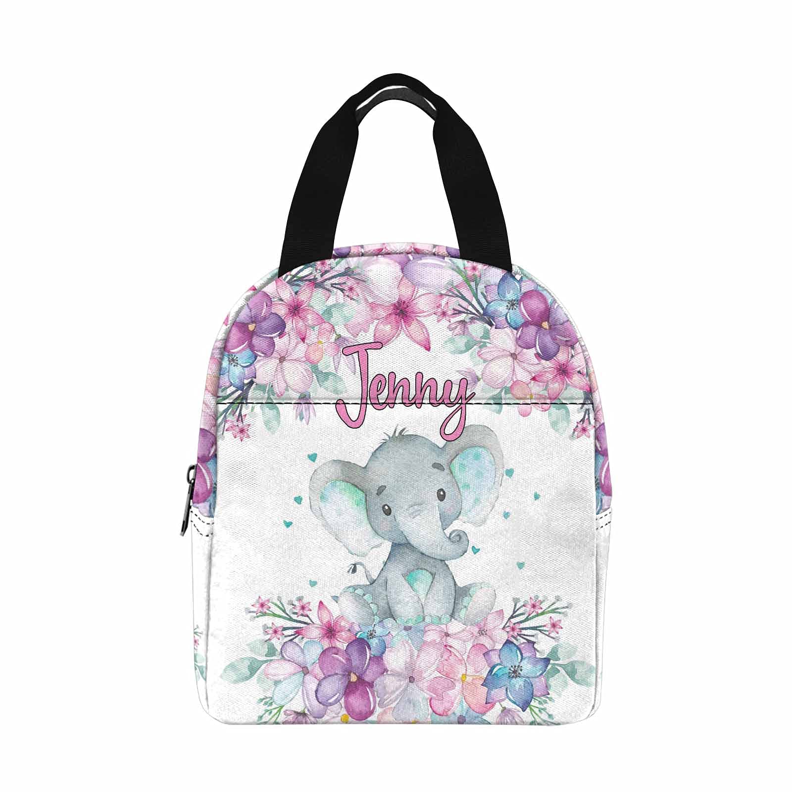 Custom Personalized Purple Floral Insulated Lunch Tote Bag - Durable Reusable Lunch Box for Women, Kids, Office & School - Perfect for Work, Picnics, and Nursery (Elephant Design)