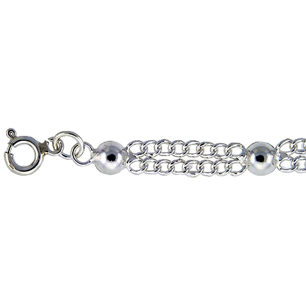 Sterling Silver Double Strand Curb Link Anklet with Half Ball Charms - Adjustable 9-10 Inch Ankle Bracelet for Women | Perfect for Beach, Summer Outfits & Boho Style Accessories