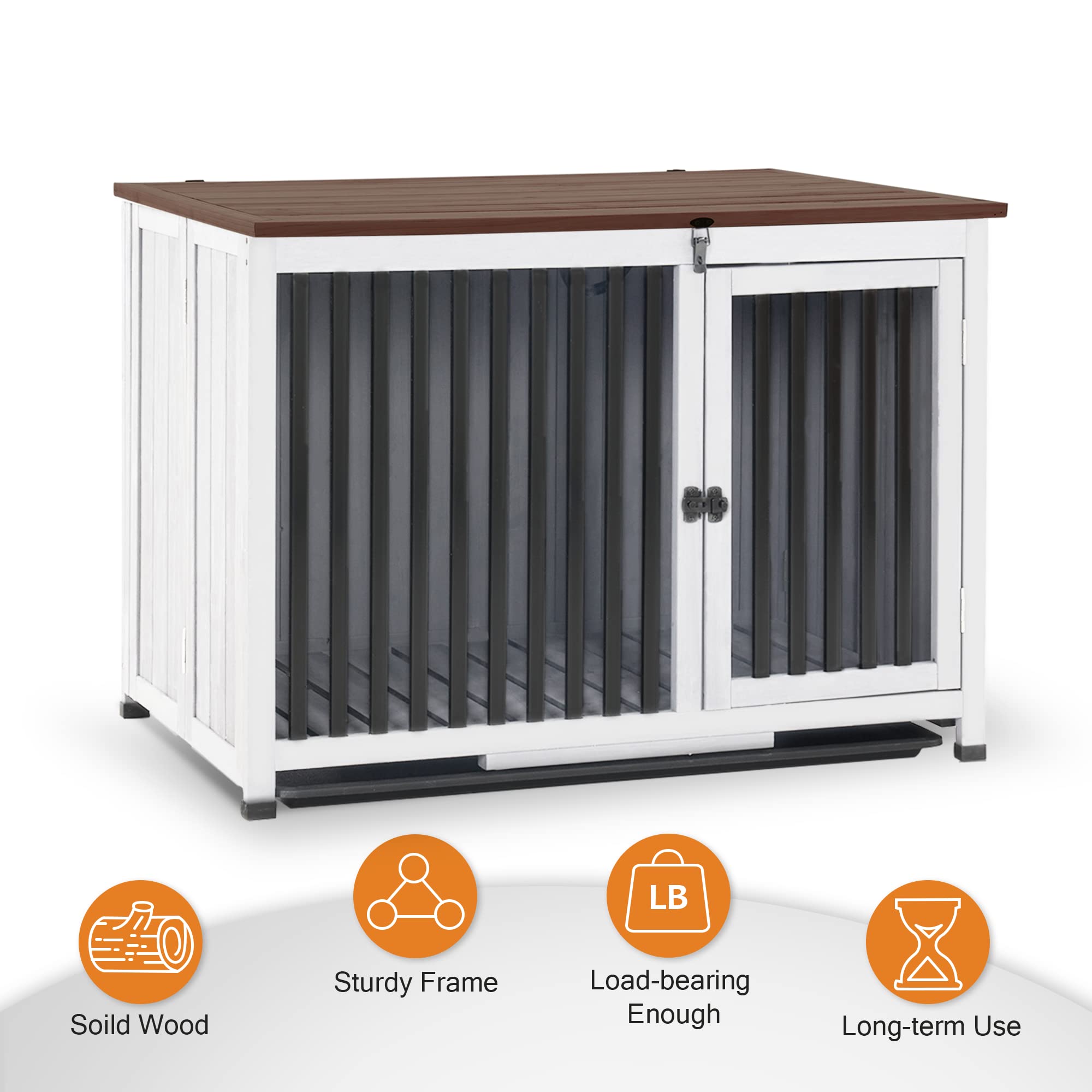 MCombo Solid Wood Dog Crate Furniture - Foldable Portable Indoor Dog Kennel End Table with Removable Tray (Large, White & Brown) - Perfect for Living Room, Bedroom & Pet-Friendly Home Decor