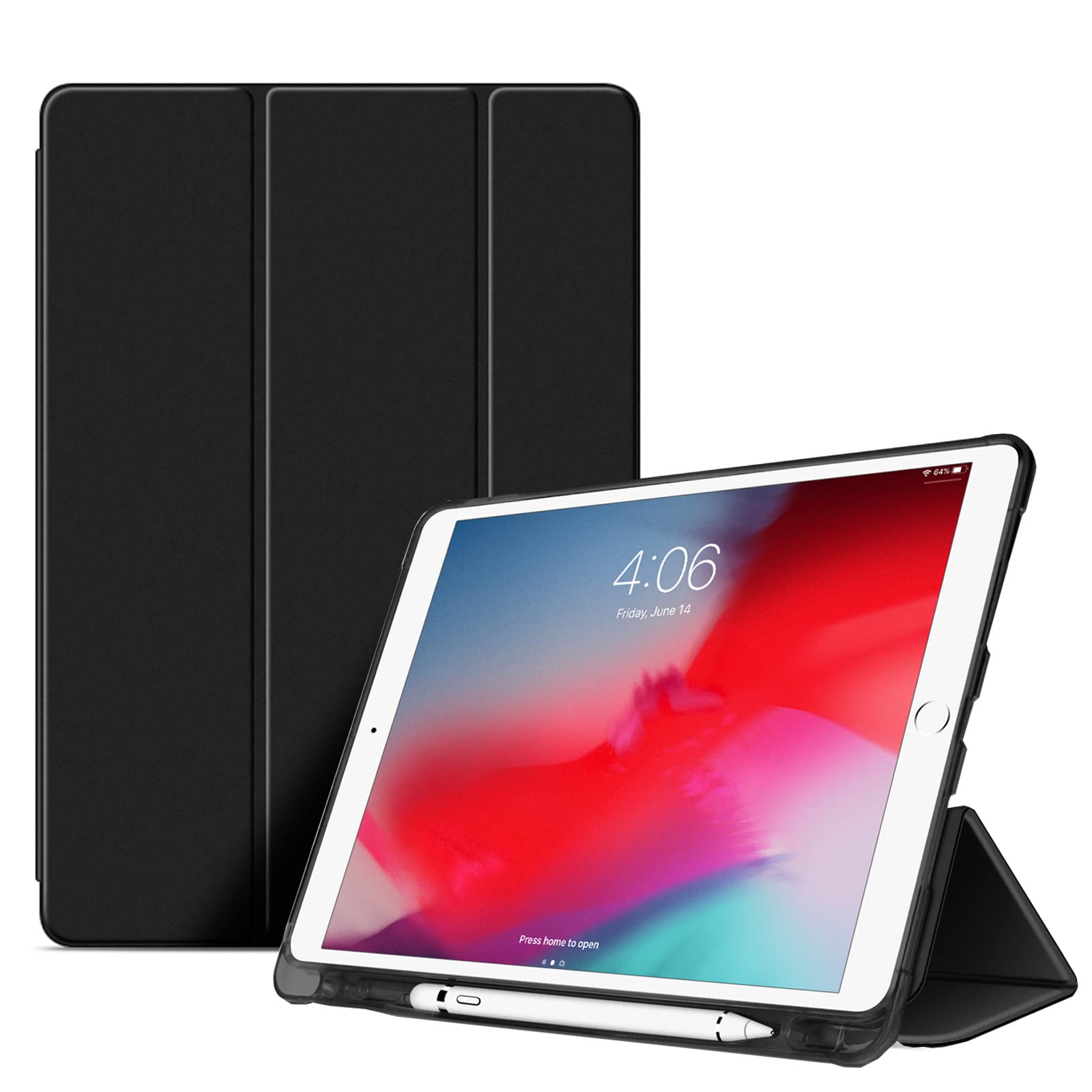 Exucase for iPad 9.7 (2017/2018) - iPad 6th/5th Gen & iPad Air 2/Air Case - Tri-fold Smart Cover with Pencil Holder - Flexible Soft TPU Translucent Frosted Back Shell - Black - Perfect for Work, School & Travel Protection