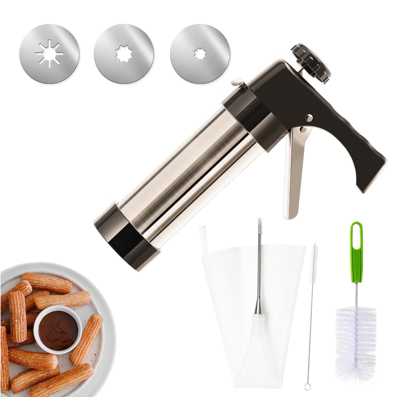 Stainless Steel Churro Maker Machine Kit with 3 Nozzles & 2 Brushes – Professional Churro Piping Tip & Bag for Homemade Churros – Perfect for Parties, Catering, and Home Baking