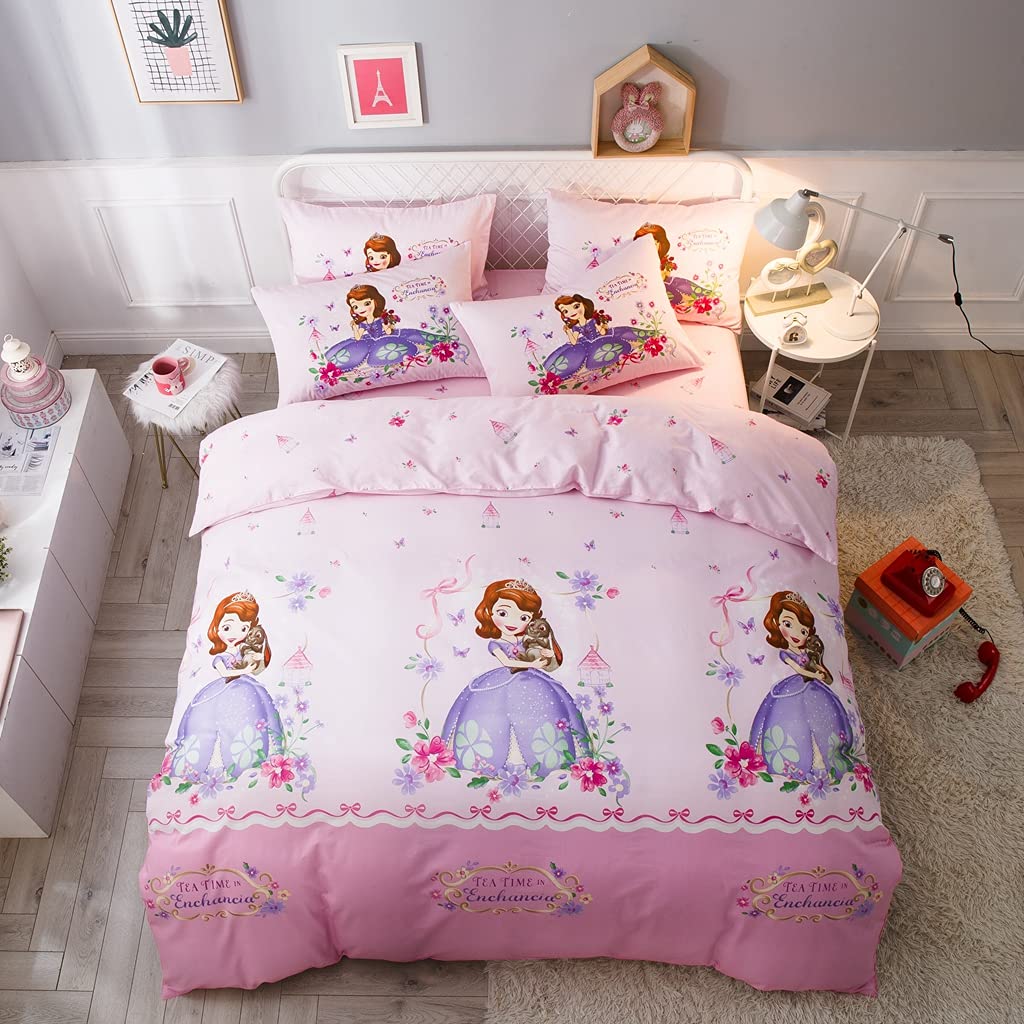 100% Cotton Kids Bedding Set - Princess Sofia Pink 4-Piece Duvet Cover, Pillowcases & Fitted Sheet for Full Size Bed | Soft & Breathable Girls' Bedroom Decor | Perfect for Kids' Rooms, Sleepovers & Birthday Gifts
