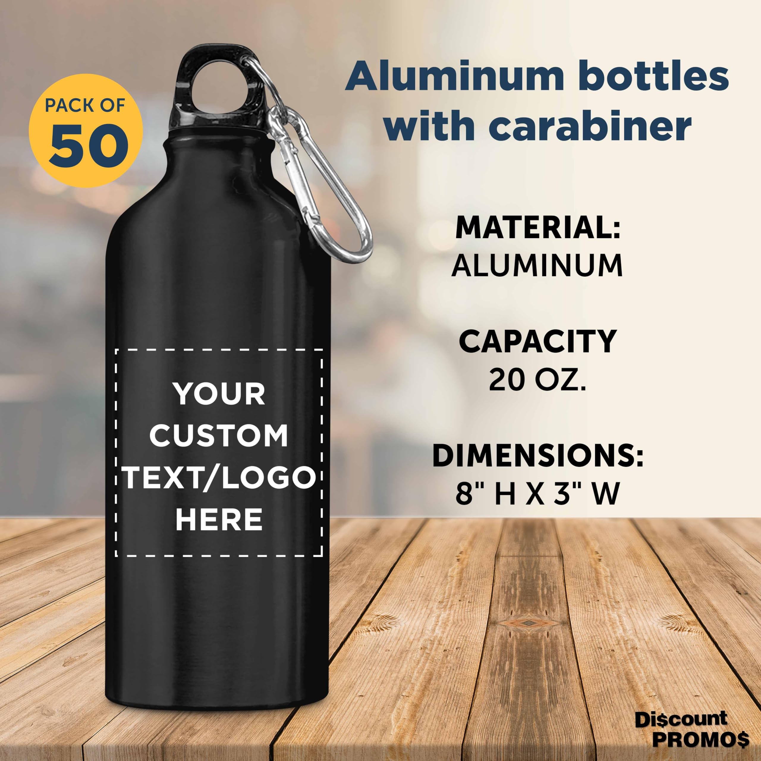 Customized 20oz Aluminum Water Bottles Bulk Pack (Set of 50) - Personalized Gym & Outdoor Sports Bottle - Eco-Friendly Reusable Drinkware for Hiking, Camping, Office & School - Black
