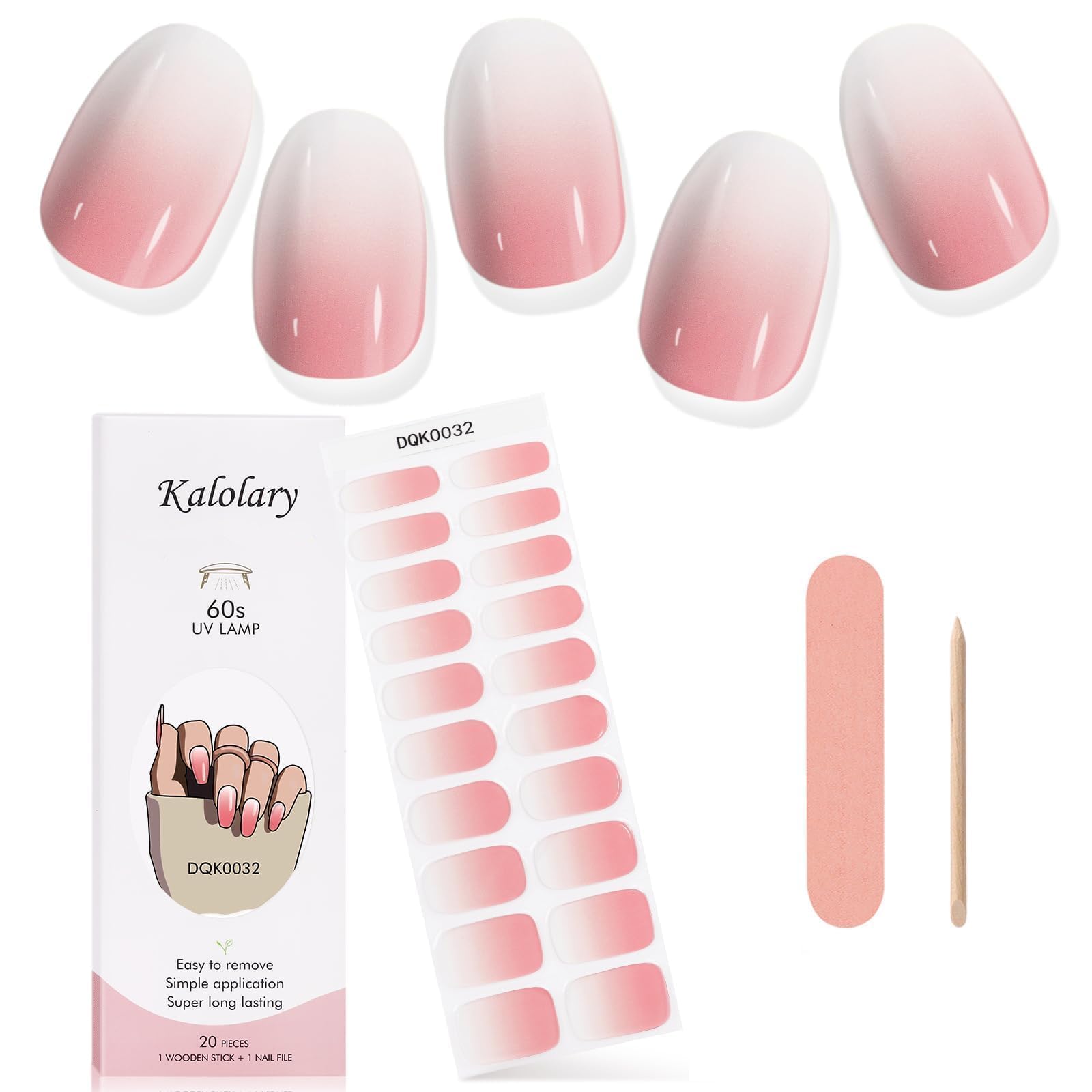 Kalolary Pink Gel Nail Polish Strips - DIY Gradient Nail Art Stickers | Waterproof Full Nail Wraps Decal Kit with Cuticle Stick & Nail File | Perfect for Summer Manicures, Parties & Special Occasions