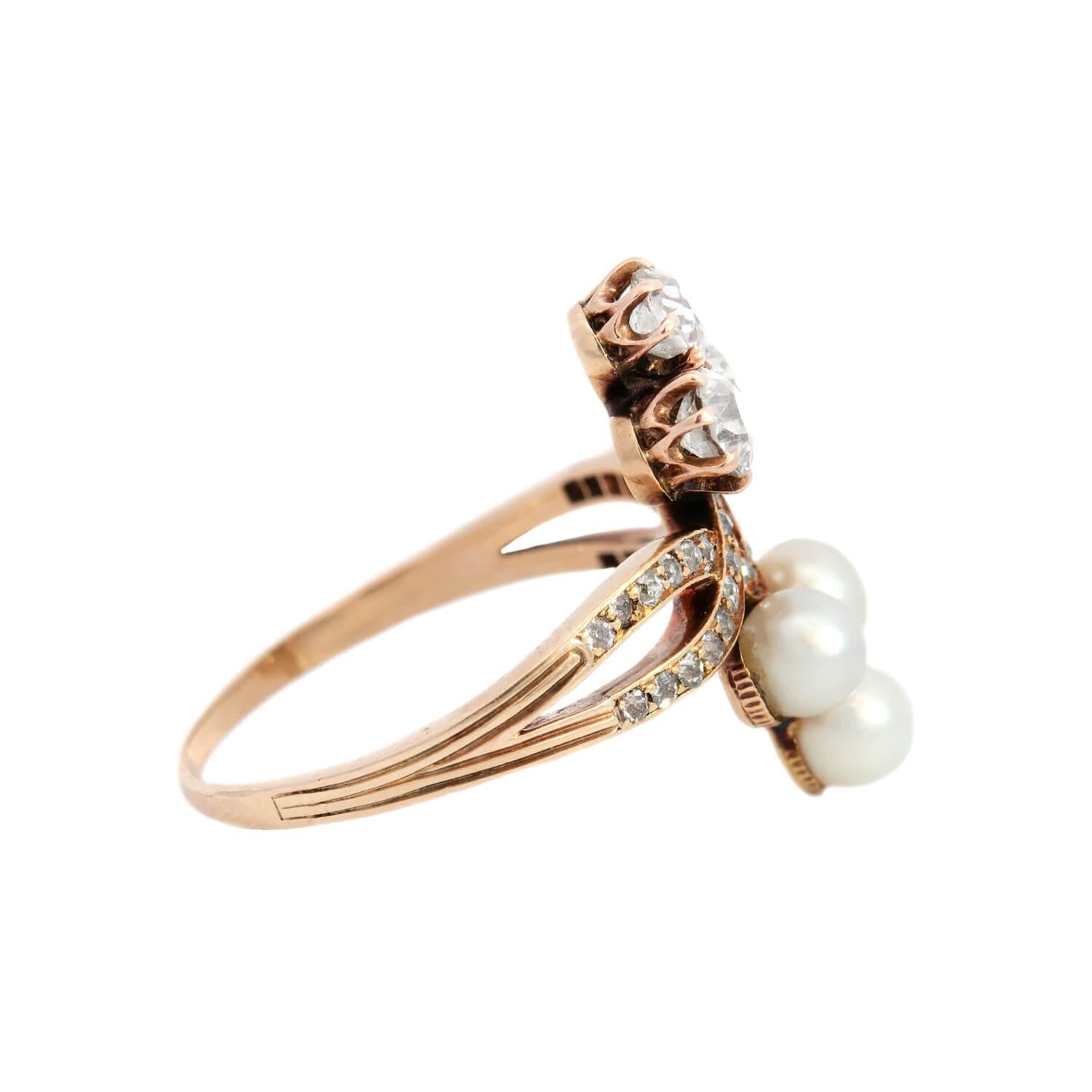 Victorian Style 14k Gold Diamond & Pearl Double Trefoil Ring - Elegant Vintage Jewelry for Weddings, Anniversaries & Special Occasions