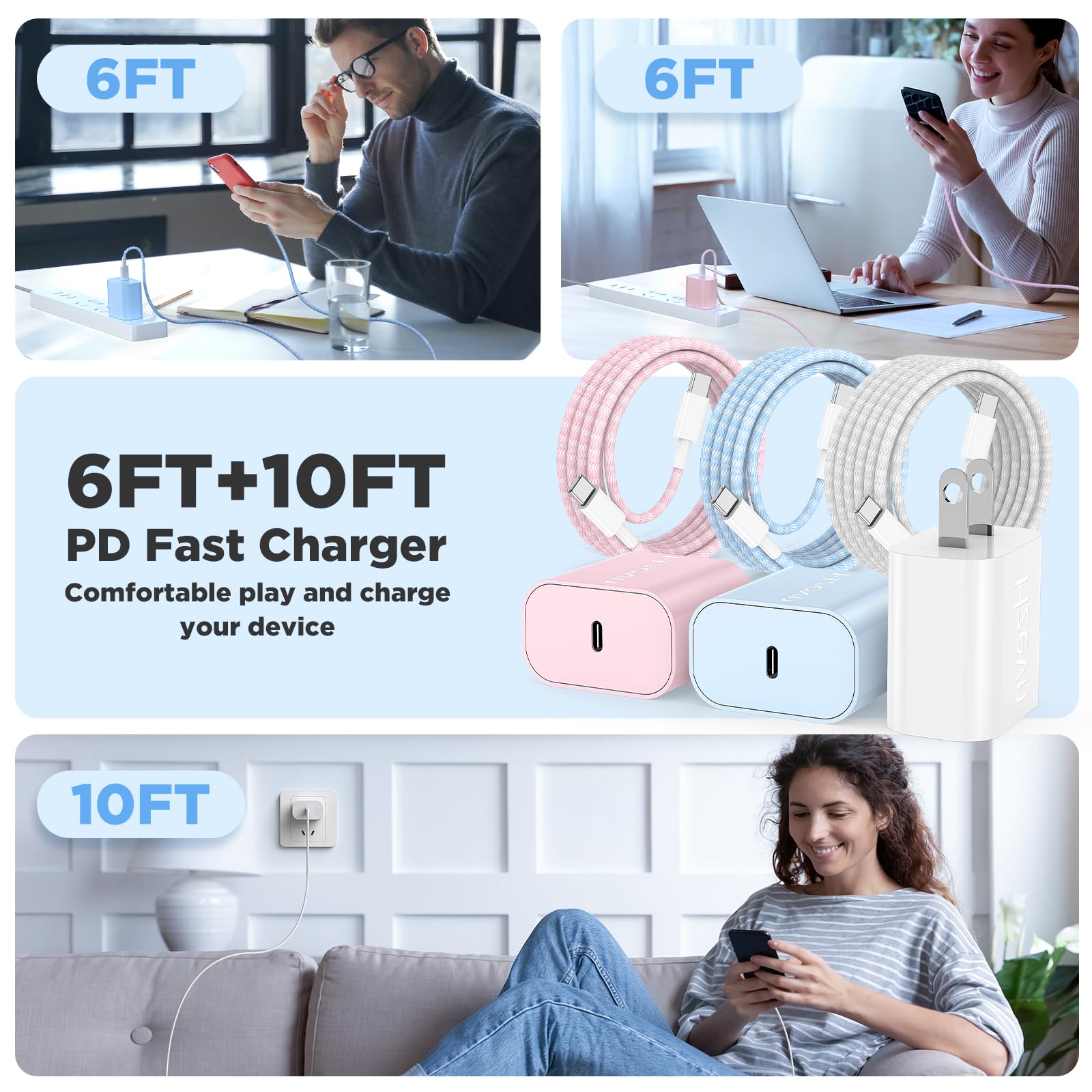 20W Fast Charger for iPhone 15 Pro Max - 2 Pack Type C Charger Block with 6ft USB-C Cable | Compatible with iPhone 15/15 Pro/15 Plus, iPad Pro 13/12.9/11, iPad 10th/Mini | Fast Charging at Home, Office & Travel