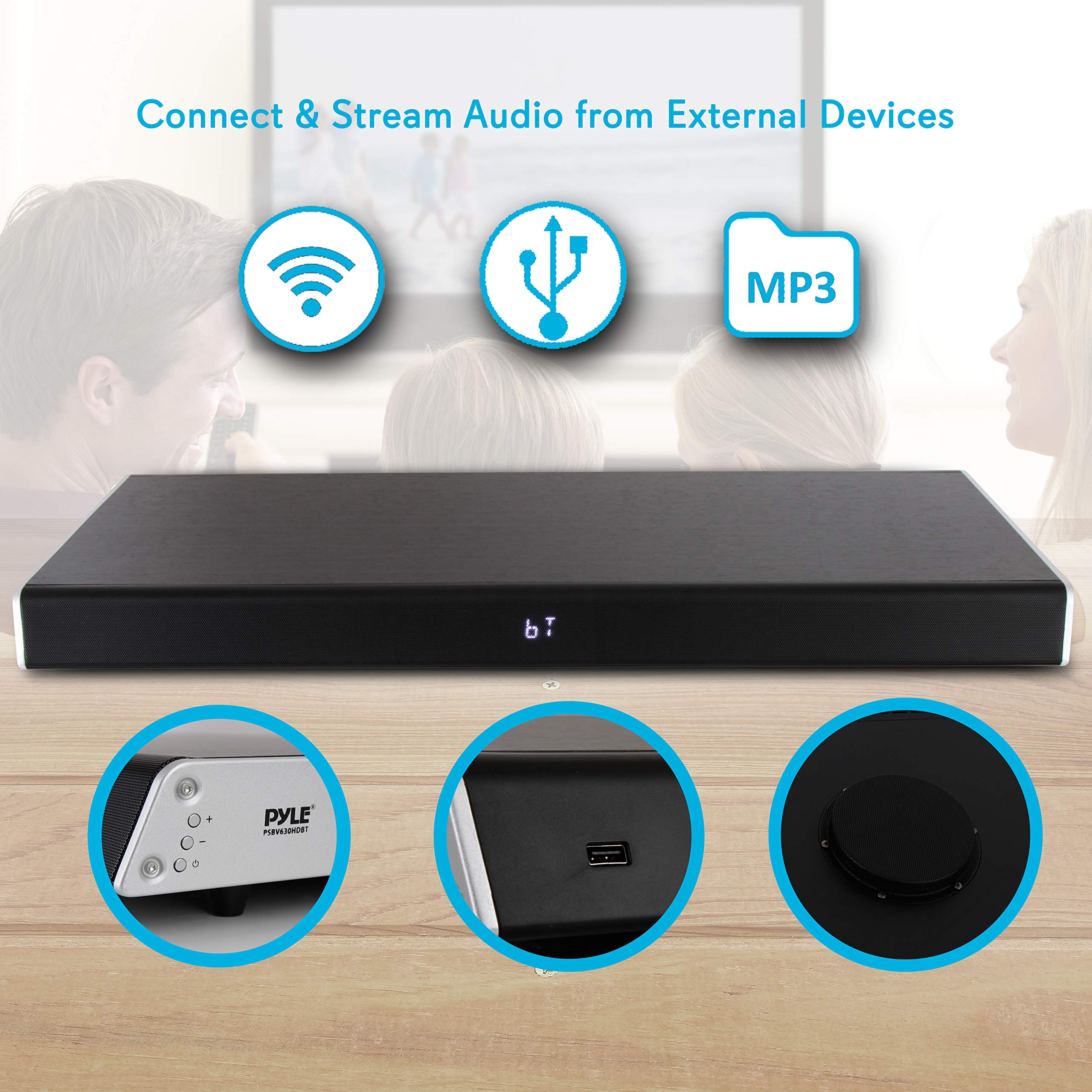 Pyle Surround Sound TV Sound Bar with Built-in Subwoofer - Bluetooth Wireless Soundbar for Home Theater, Gaming & Movie Nights - Compatible with Smart TVs & Streaming Devices