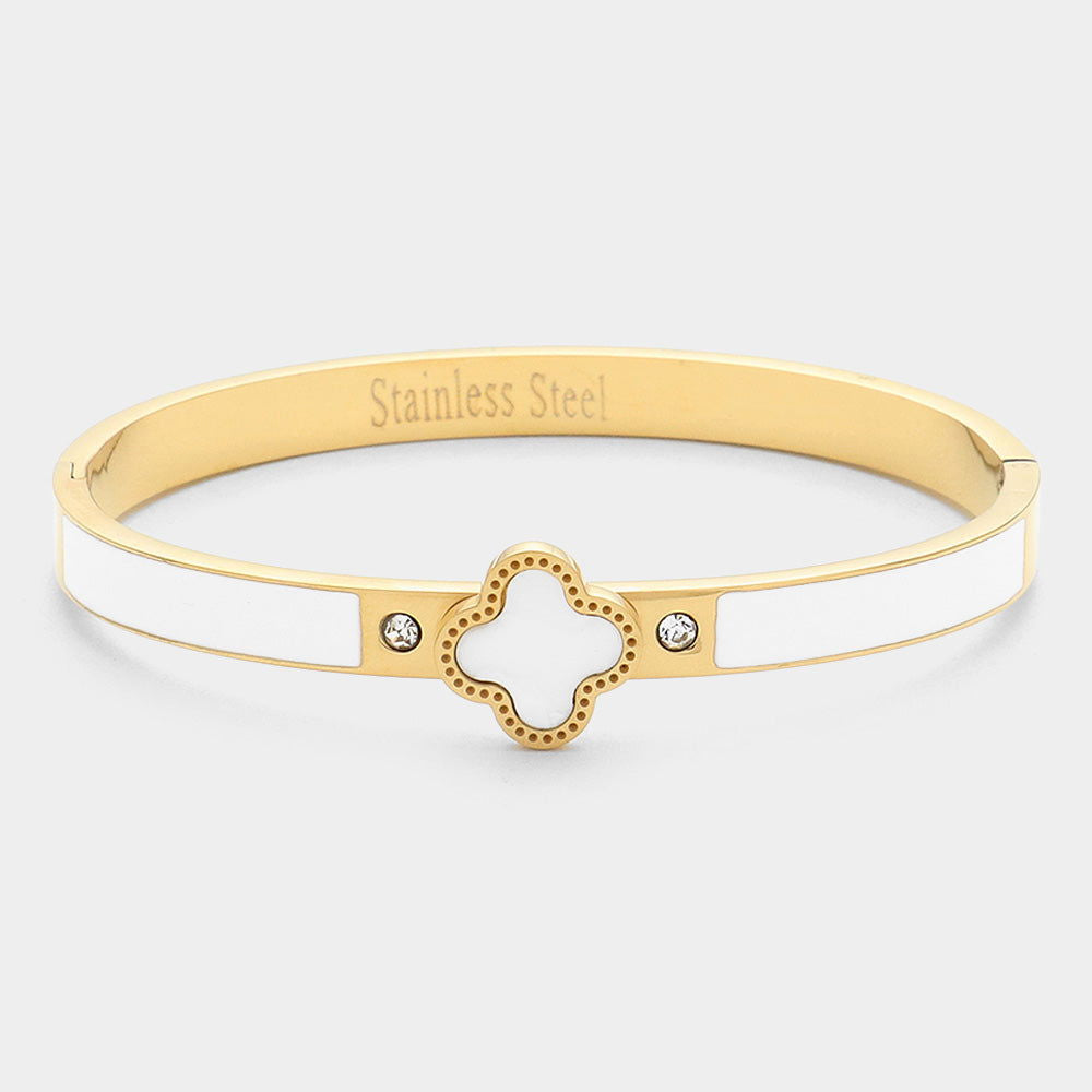 White Gold Quatrefoil Pointed Stainless Steel Hinged Bracelet for Women - Elegant Jewelry Gift for Birthday, Anniversary & Special Occasions
