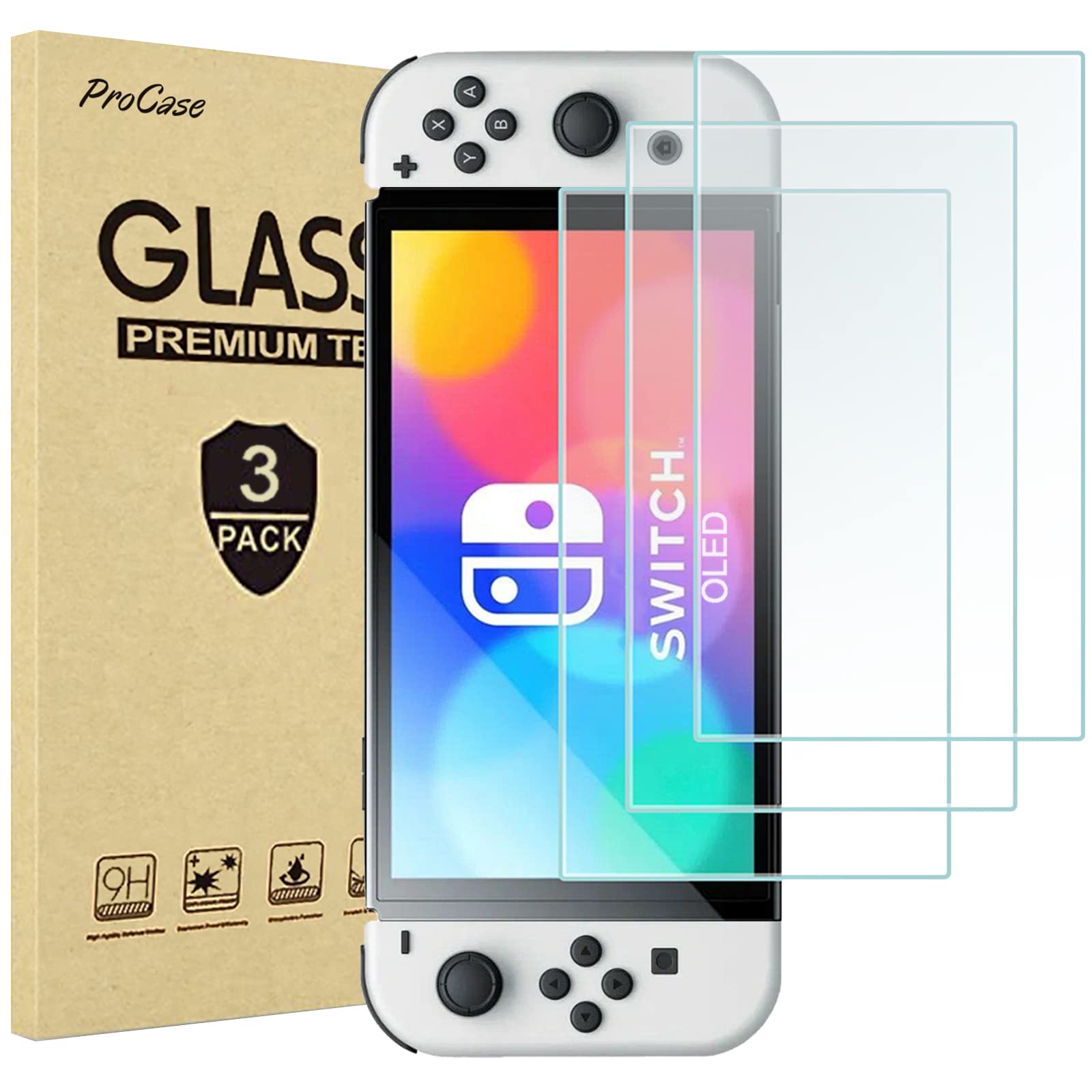 ProCase 3 Pack Tempered Glass Screen Protector for Nintendo Switch OLED (2021 Model) - Anti-Scratch, Bubble-Free, Rounded Edge Protection - Perfect for Gaming, Travel, and Home Entertainment