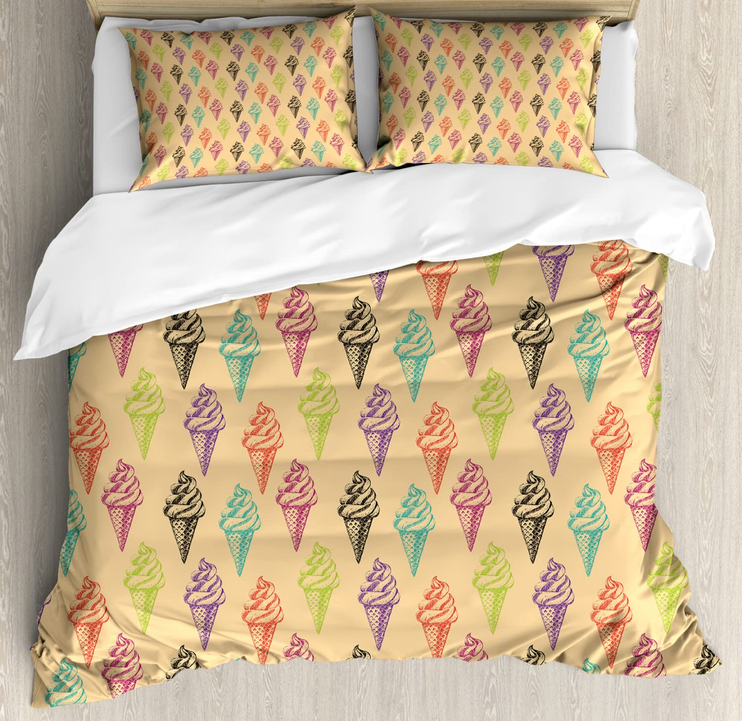 Ambesonne Ice Cream Duvet Cover Set - Modern Cone Design with Grunge Color Effects, Summer Print Bedding Set (2 Duvet Covers + 4 Pillowcases), 2 Pack California King Size, Multicolor - Perfect for Summer Bedrooms & Ice Cream Themed Decor