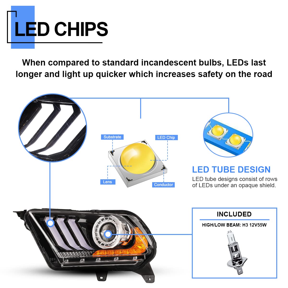 ROXX LED Sequential Headlights for 2010-2012 Ford Mustang (Halogen Models Only) - High/Low Beam Projector Headlights with S550 Style LED DRL & Amber Sequential Turn Signals - Driver & Passenger Side - Perfect for Night Driving & Car Customization