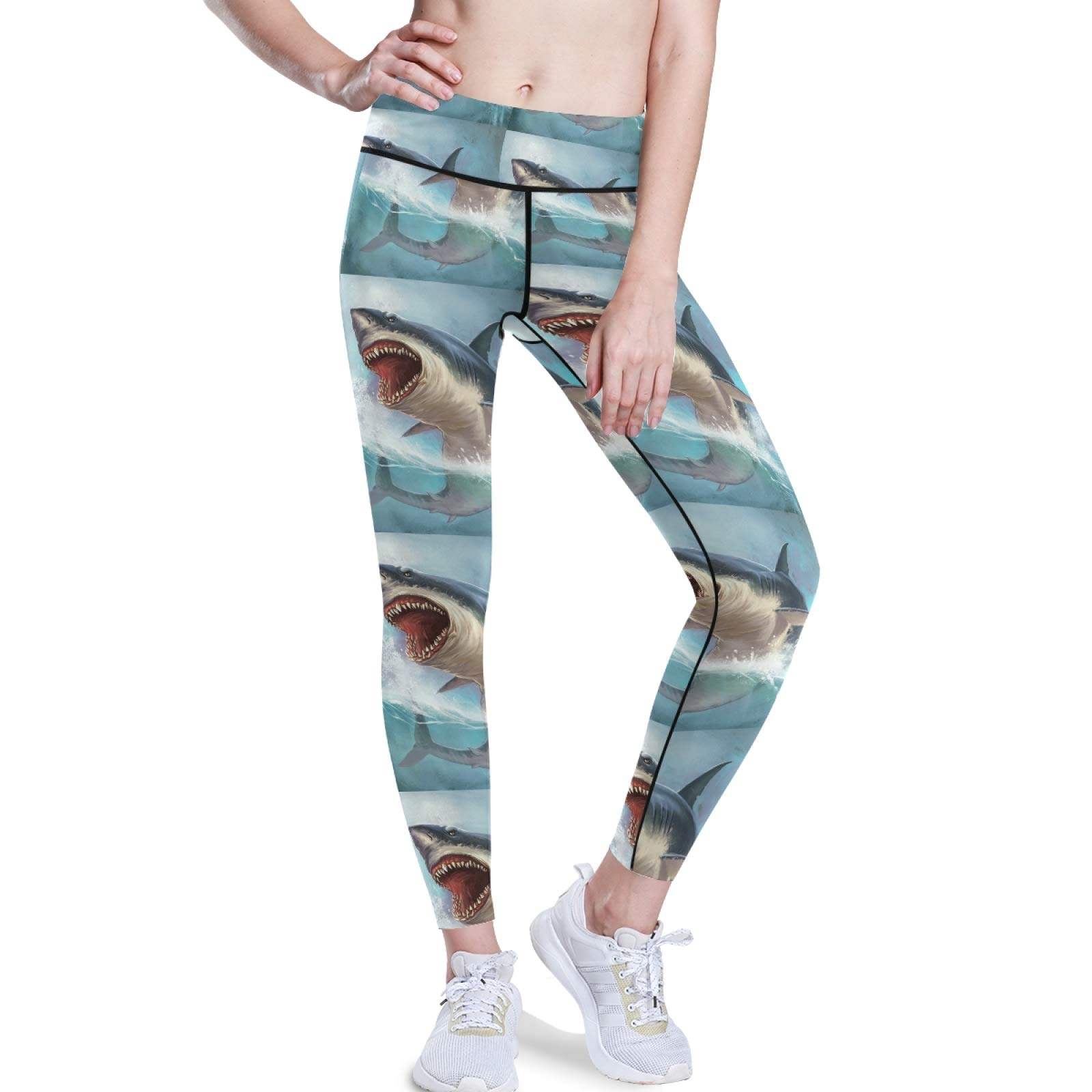 Great White Shark Print High Waist Yoga Pants for Women - Tummy Control Workout Leggings with Hidden Pockets - Stretchy Athletic Tights for Running, Gym & Yoga (Medium) - Perfect for Fitness, Beach Walks & Shark Week Outfits