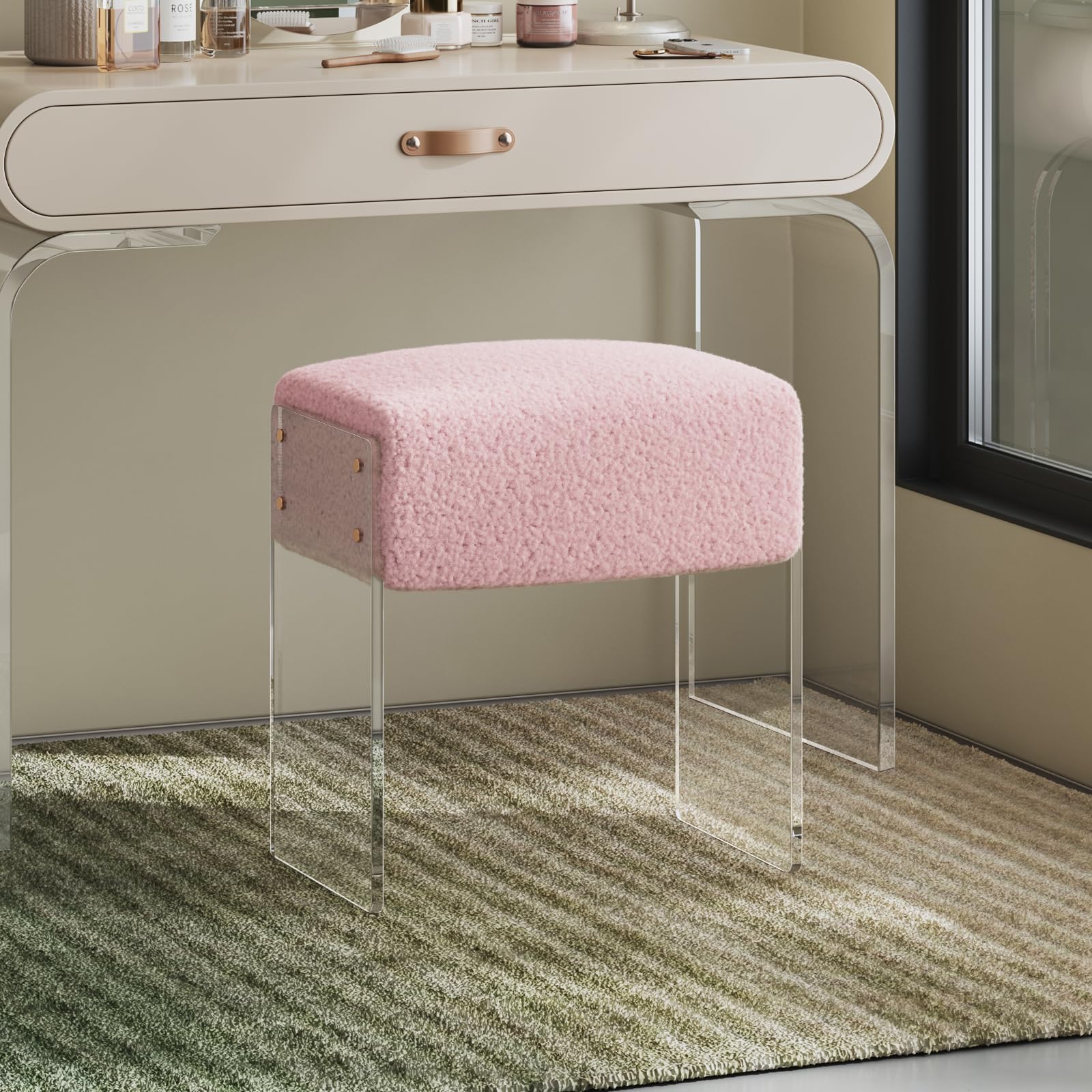 Modern Vanity Stool Chair & Foot Rest Ottoman with Wool Upholstery & Acrylic Legs - Pink Makeup Stool for Bedroom, Living Room, Dressing Room | Perfect for Makeup Vanity, Lounging & Home Decor