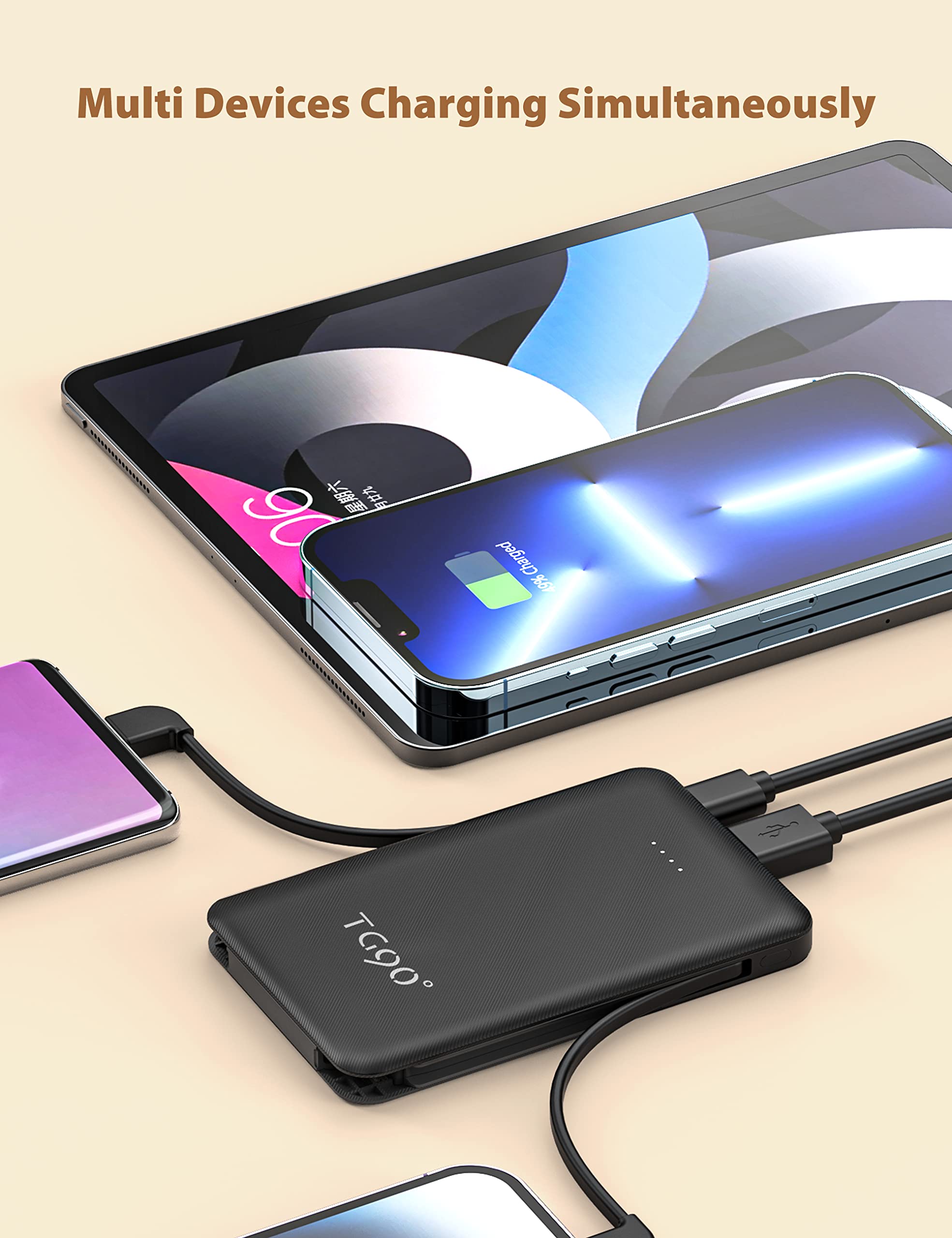TG90° 2 Pack 6000mAh Ultra Slim Portable Charger with Built-in Cables - External Battery Pack for iPhone, Samsung & Android Phones - Perfect for Travel, Camping & Emergency Power Backup