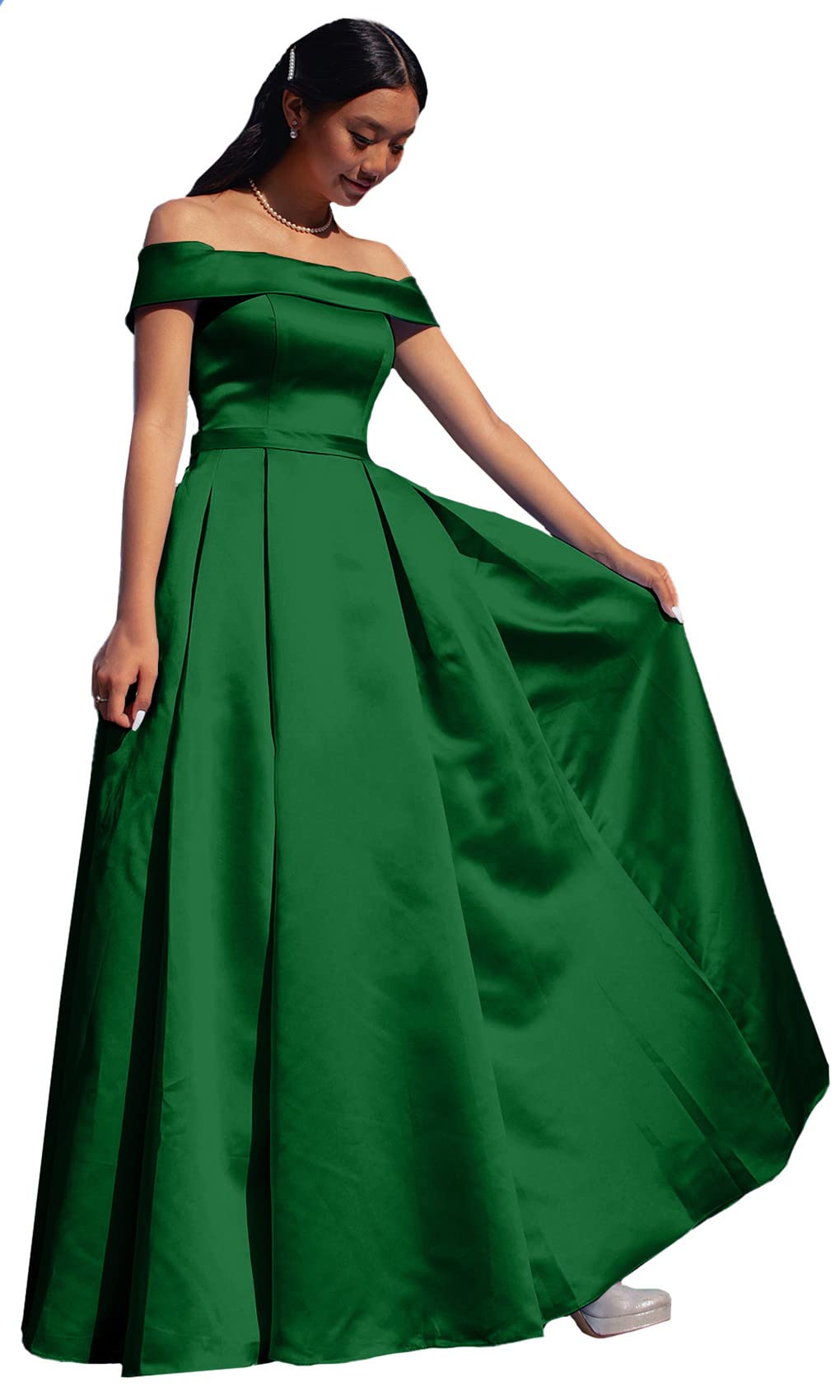 ANGELWARDROBE Women's Off Shoulder Prom Dresses Long Formal Evening Gowns - Satin A-Line Party Dress with Slit Pockets for Homecoming, Wedding, Ball & Special Occasions
