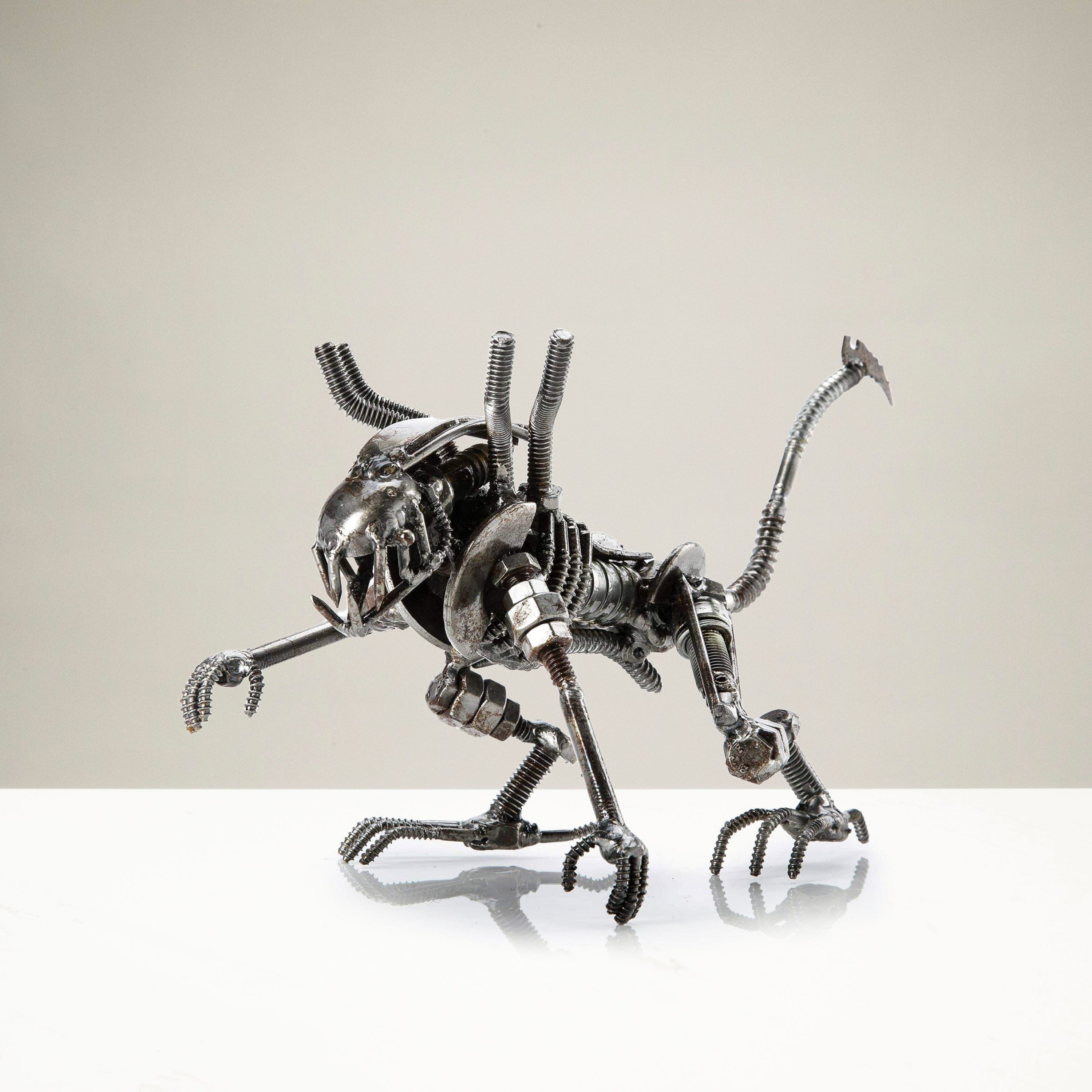 Alien Crouched Recycled Metal Sculpture - Unique Sci-Fi Home Decor Art for Living Room, Office & Gift Ideas