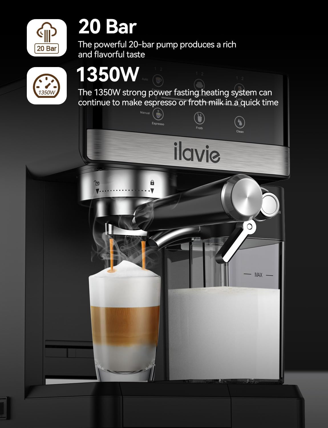 Premium Espresso Machine for Cappuccino & Latte - 20 Bar High Pressure Coffee Maker with Auto Milk Frother & Detachable Milk Reservoir - Perfect for Home Baristas & Coffee Lovers (Ideal for Breakfast, Office Use & Entertaining Guests)