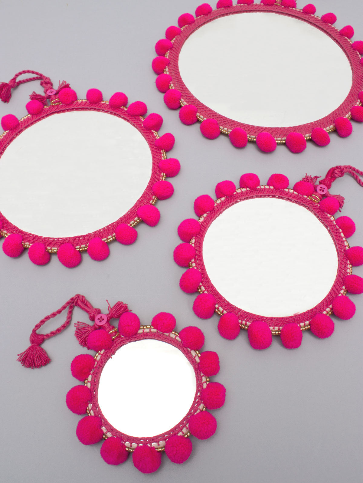 Pink Pom Pom Mirrors - Boho Chic Decorative Wall Mirror for Bedroom, Living Room & Nursery | Handmade Fluffy Yarn Accent Mirror