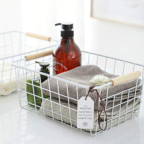 Farmhouse Style Metal Wire Baskets - 4 Pack White Kitchen Organizers with Built-in Handles for Refrigerator, Pantry, Cabinet & Bathroom Storage | Perfect for Food, Produce, Toiletries & Household Organization