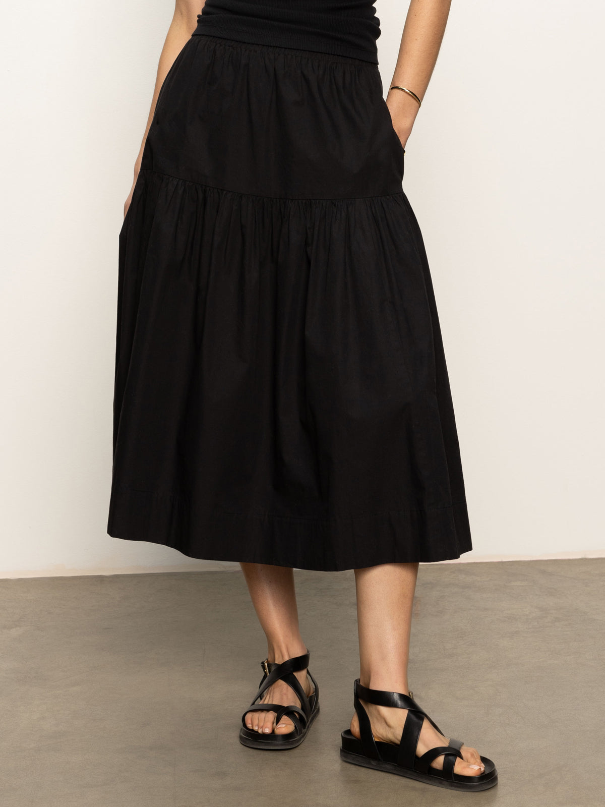 Stylish Black Poplin Prairie Skirt for Women - Boho Chic Flowy Midi Skirt with Elastic Waist - Perfect for Summer Outfits, Beach Vacations & Casual Wear