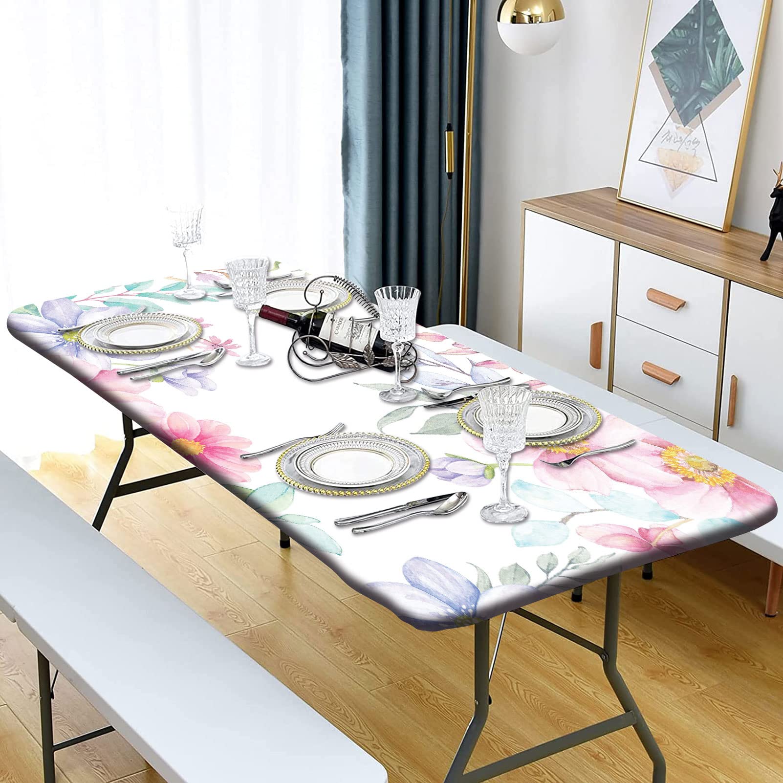 Floral Print Elastic Fitted Tablecloth - 60x30 Inch Stretch Polyester Table Cover for Rectangle Tables - Wedding, Banquet & Restaurant Decor - Pink & Purple Design - Perfect for Dining Room, Party & Event Decorations