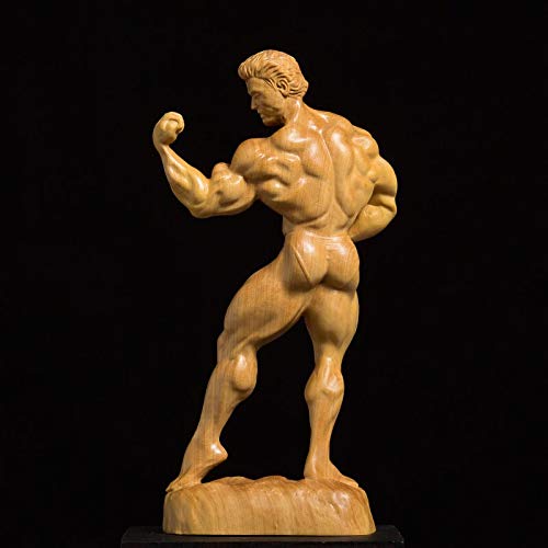 Hand-Carved Boxwood Sculpture - Bodybuilding Male Statue for Home & Living Room Decor | Unique Figurine for Gym, Office, and Man Cave Display