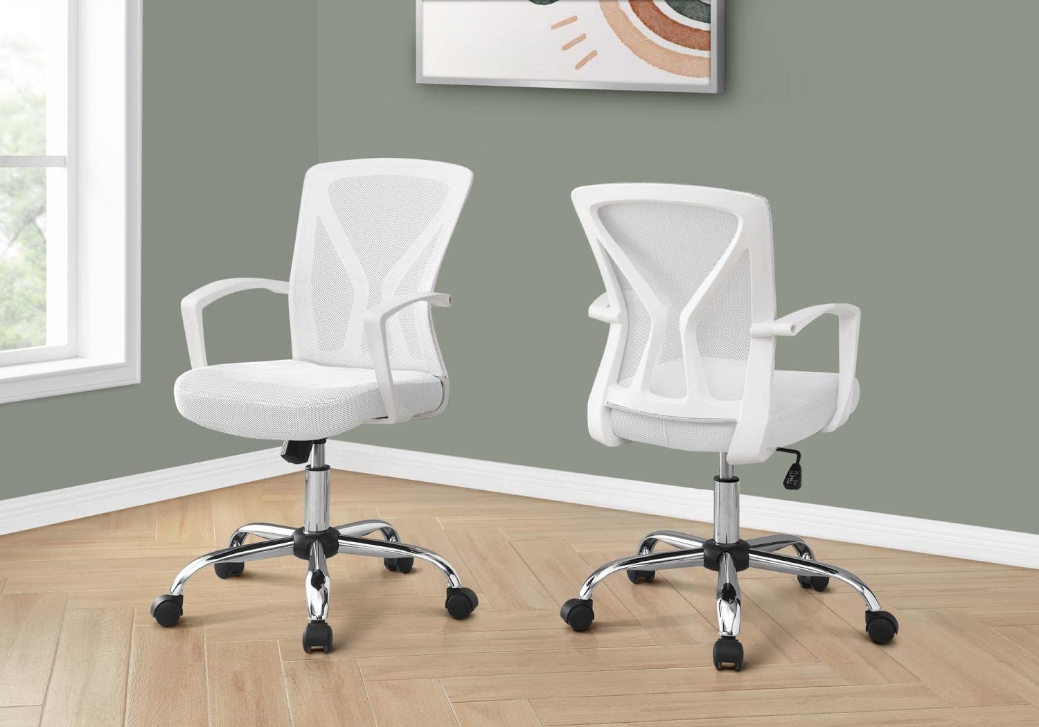 Monarch Specialties I 7462 Ergonomic Office Chair - Adjustable Height, Swivel, Armrests - White Fabric & Chrome Metal Modern Computer Desk Chair for Home Office, Gaming & Workstation Use