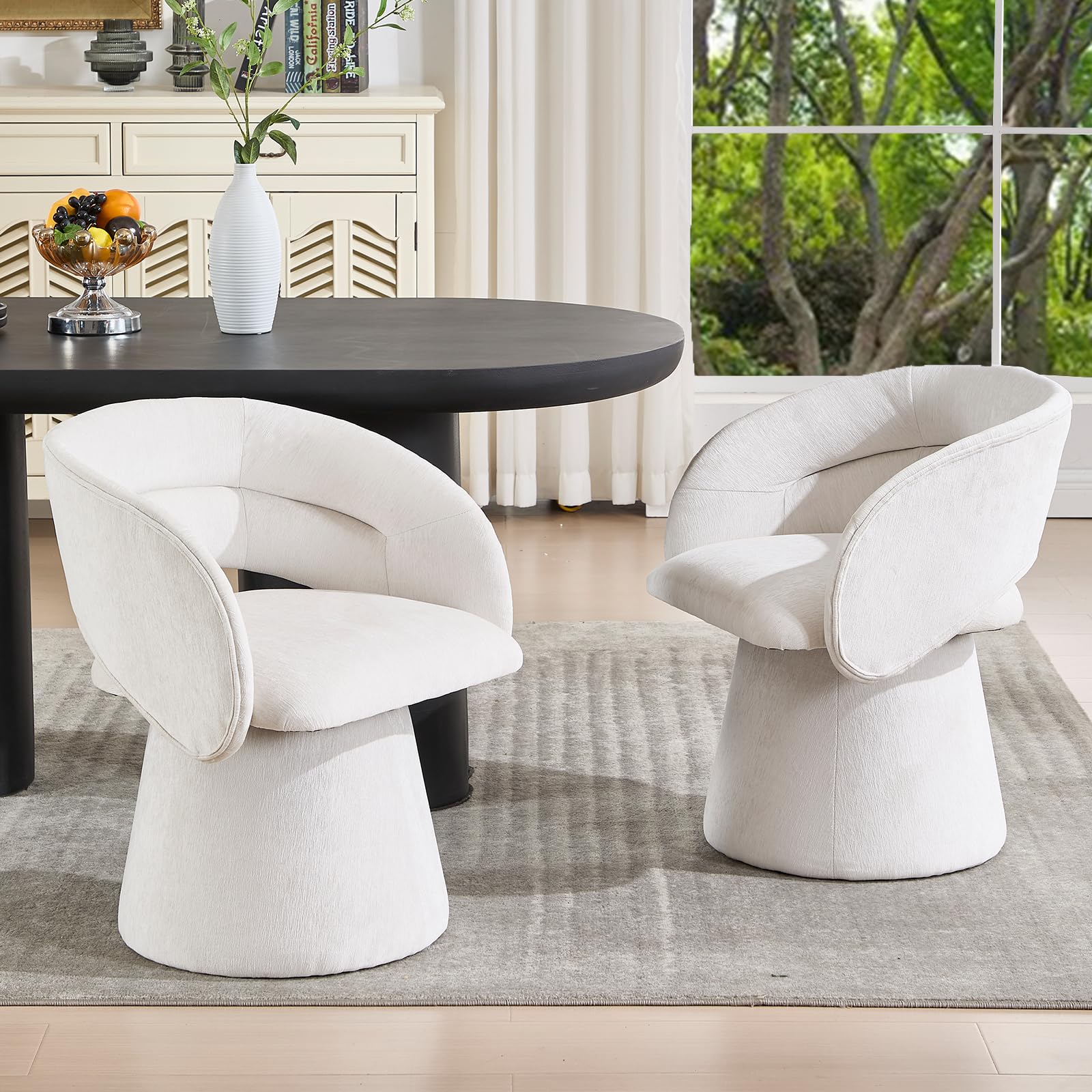Guyou Modern Swivel Barrel Dining Chairs Set of 4 - Upholstered Accent Chairs with Hollow Barrel Back, White Chenille Fabric for Dining Room, Living Room, Bedroom & Vanity | Perfect for Home Decor, Entertaining Guests & Cozy Seating