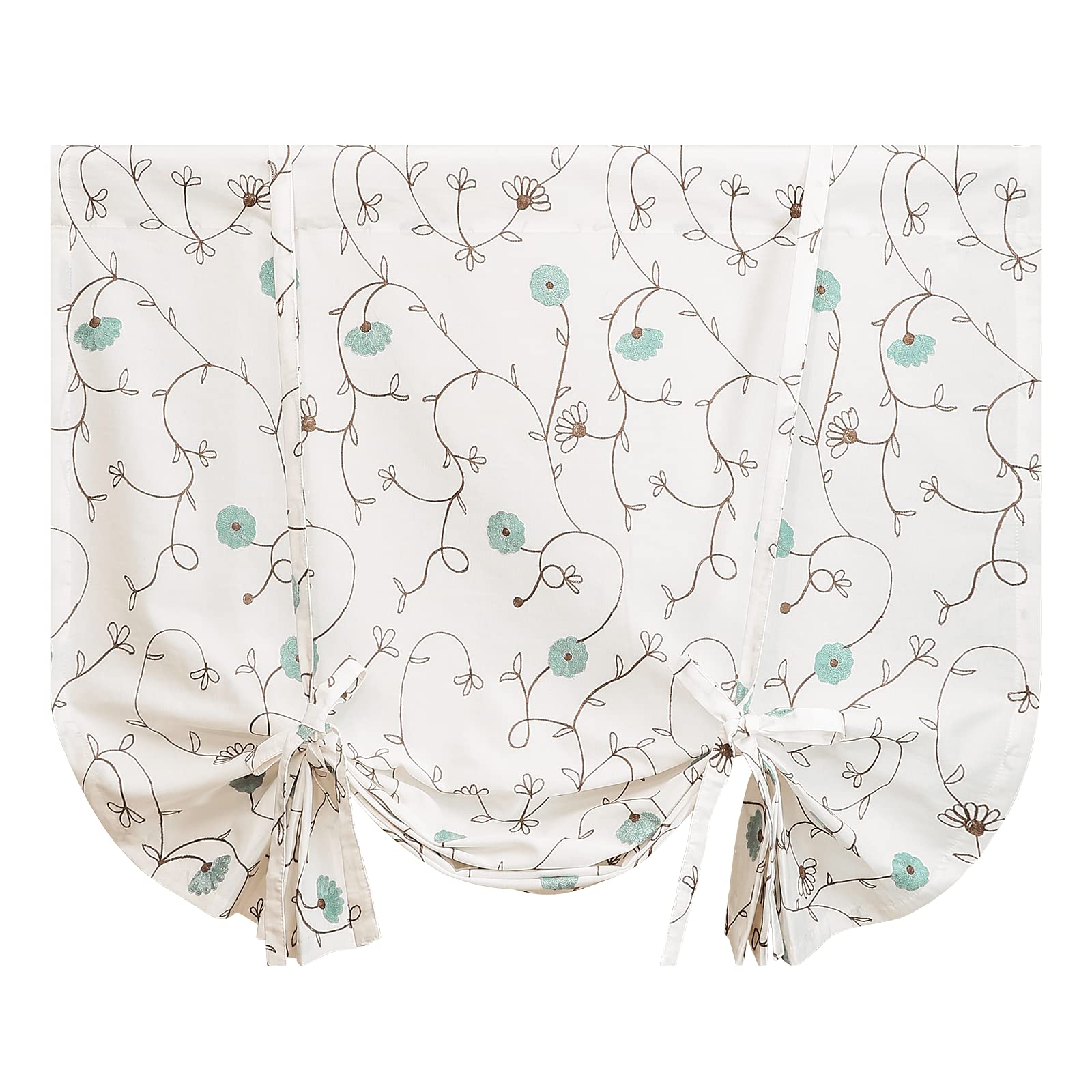 Blue Floral Embroidered Tie Up Kitchen Curtains - Adjustable Farmhouse Window Drapes with Rod Pocket - 42x63 Inch Linen Cafe Curtain Panel for Bathroom, Small Windows & Cozy Home Decor - Perfect for Farmhouse, Cottage & Country Style Kitchens