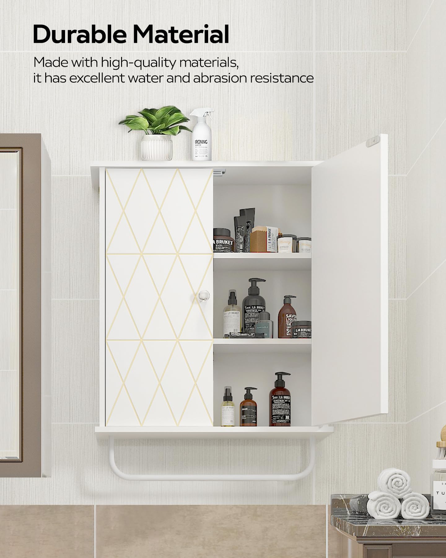 White Bathroom Wall Cabinet with Gold Decoration - Adjustable Shelves Medicine Storage Cabinet for Above Toilet Space Saving - Perfect for Bathroom Organization and Living Room Storage