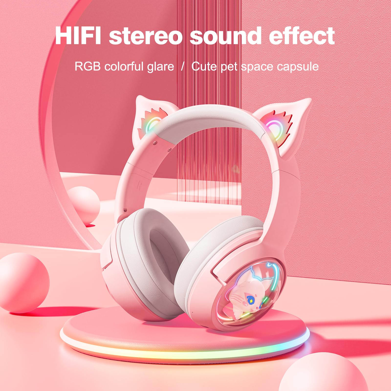 Wireless Bluetooth Cat Ear Headphones with Mic - RGB LED Light, Wired & Wireless Modes for Girls & Women - Compatible with iPhone, Android, Gaming, School, Work (Pink) - Perfect for Gaming, Online Classes, Music & Streaming