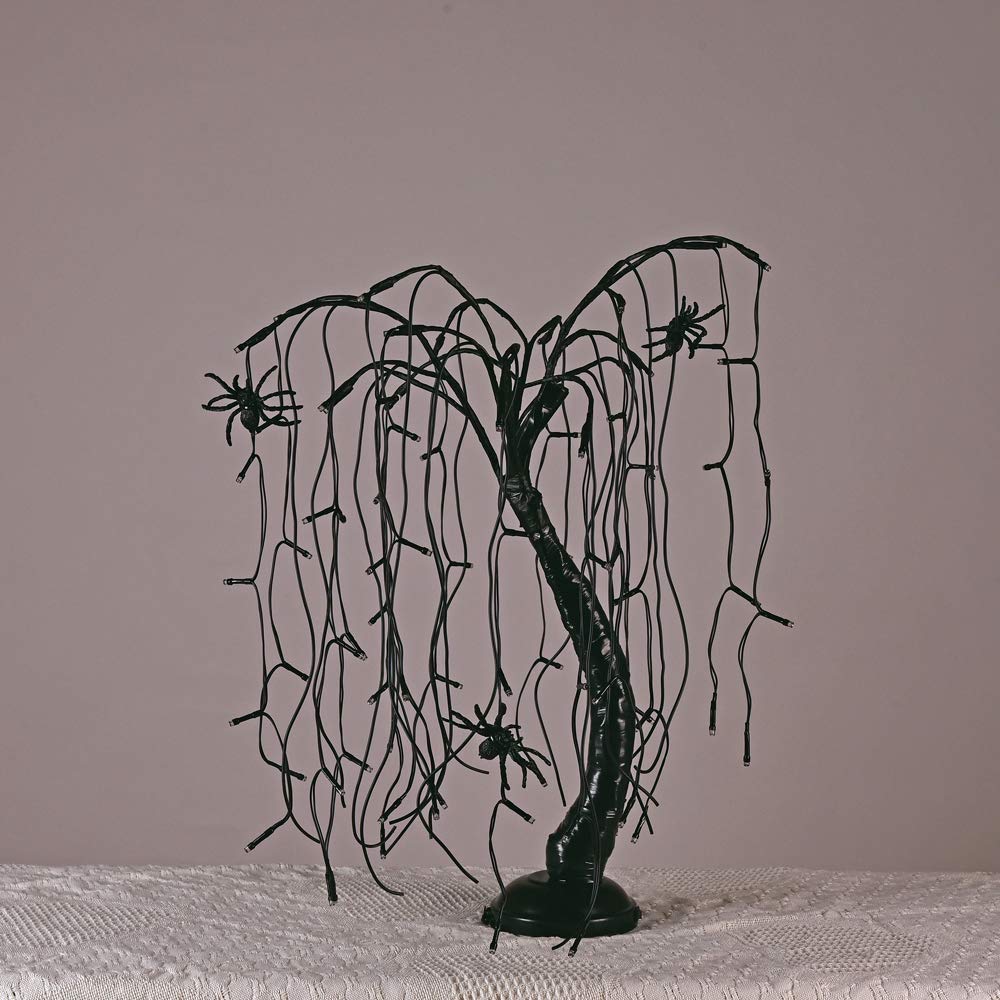 24 Inch Halloween LED Lighted Willow Bonsai Tree - 80 Orange Lights, Tabletop/Desk Lamp with 4 Spiders - Plug-in & Battery Powered - Perfect for Christmas, Nativity, Party & Home Decor