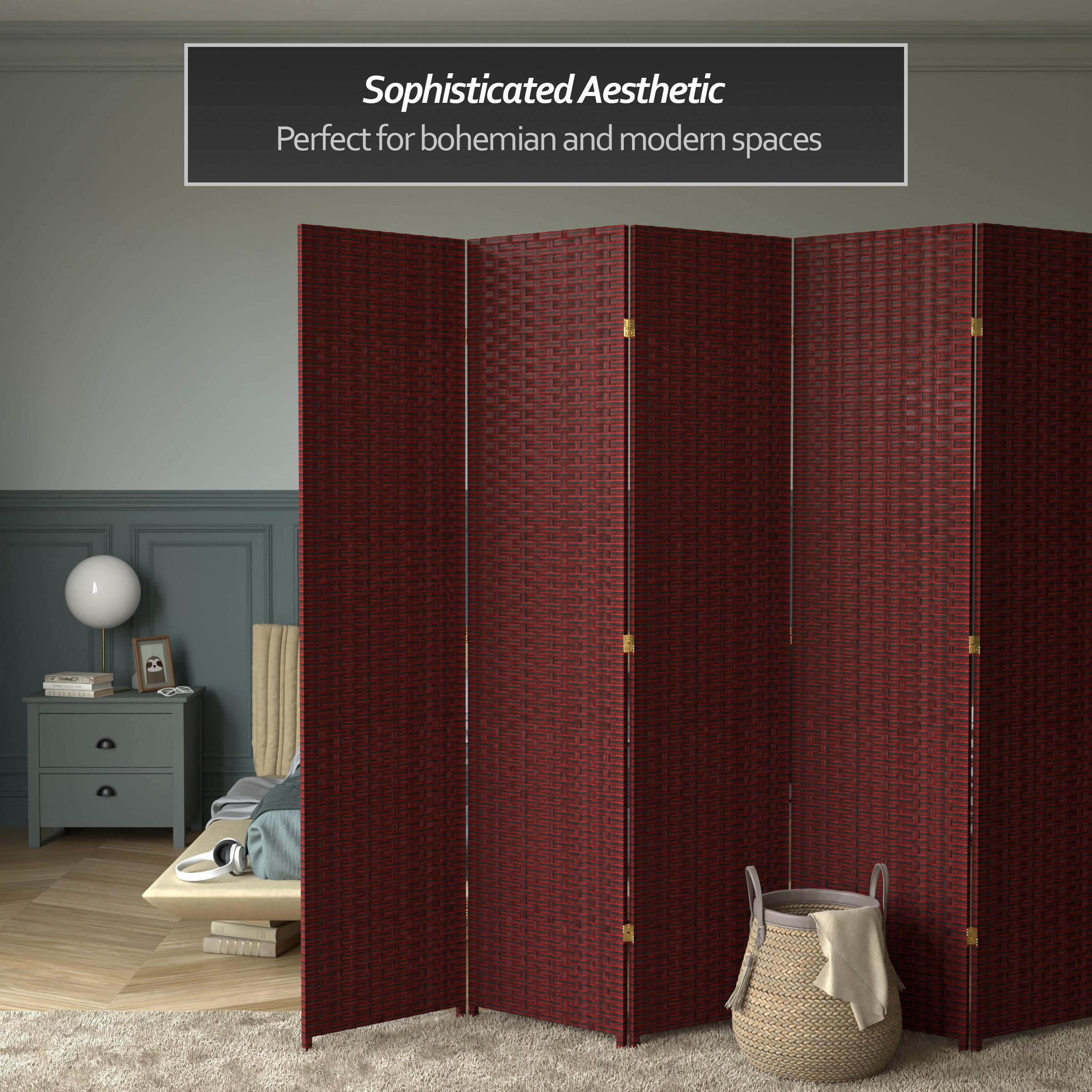 7 ft Tall Red and Black Woven Fiber Room Divider - 8 Panel Folding Screen for Home Decor, Office Partition, Wedding Backdrop & Asian-Themed Events