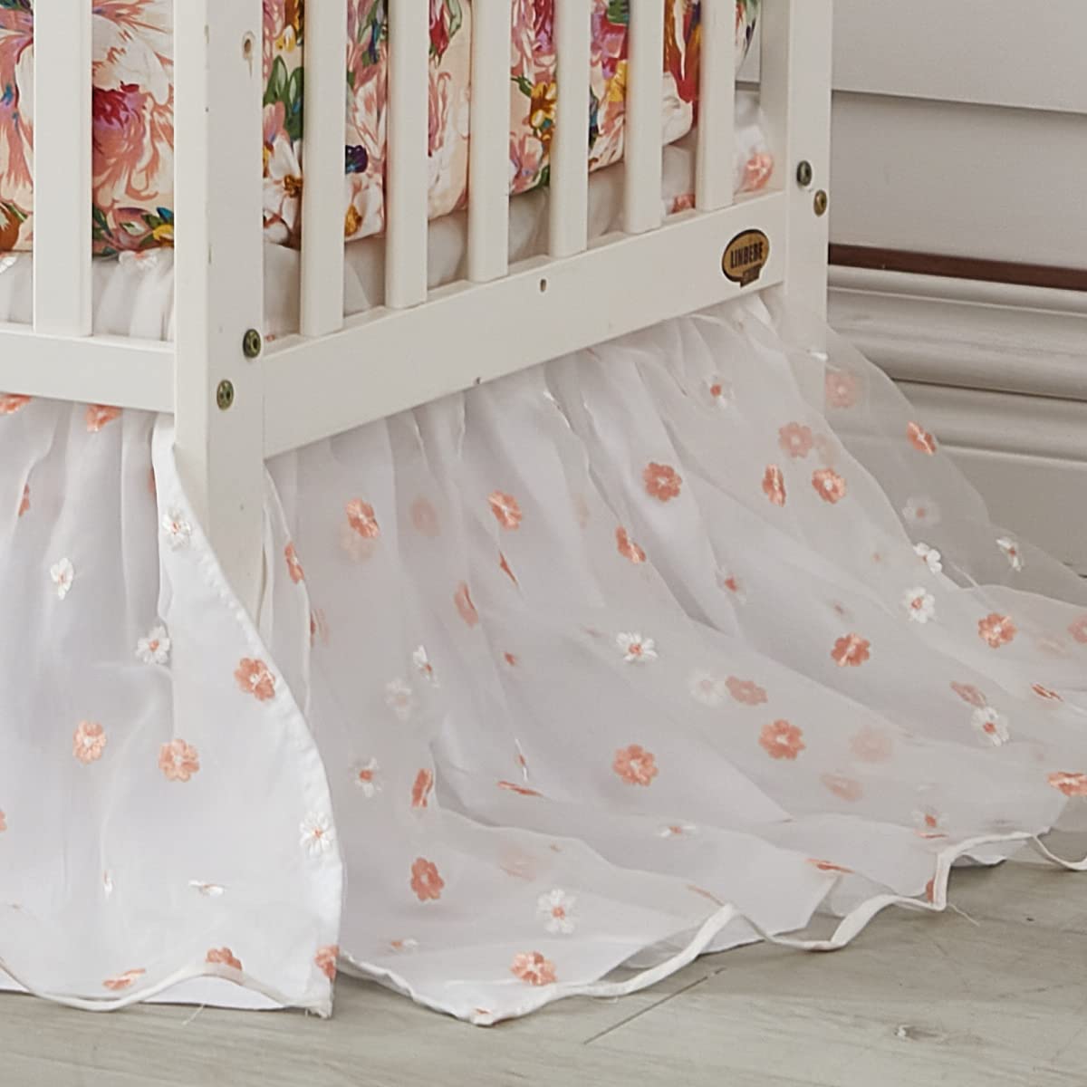 Brandream White Tulle Lace Embroidered Floral Crib Bed Skirt for Baby Girls - Double Layered Dust Ruffle with Solid Cotton - Perfect for Nursery Bedding & Toddler Bed Decor (White)
