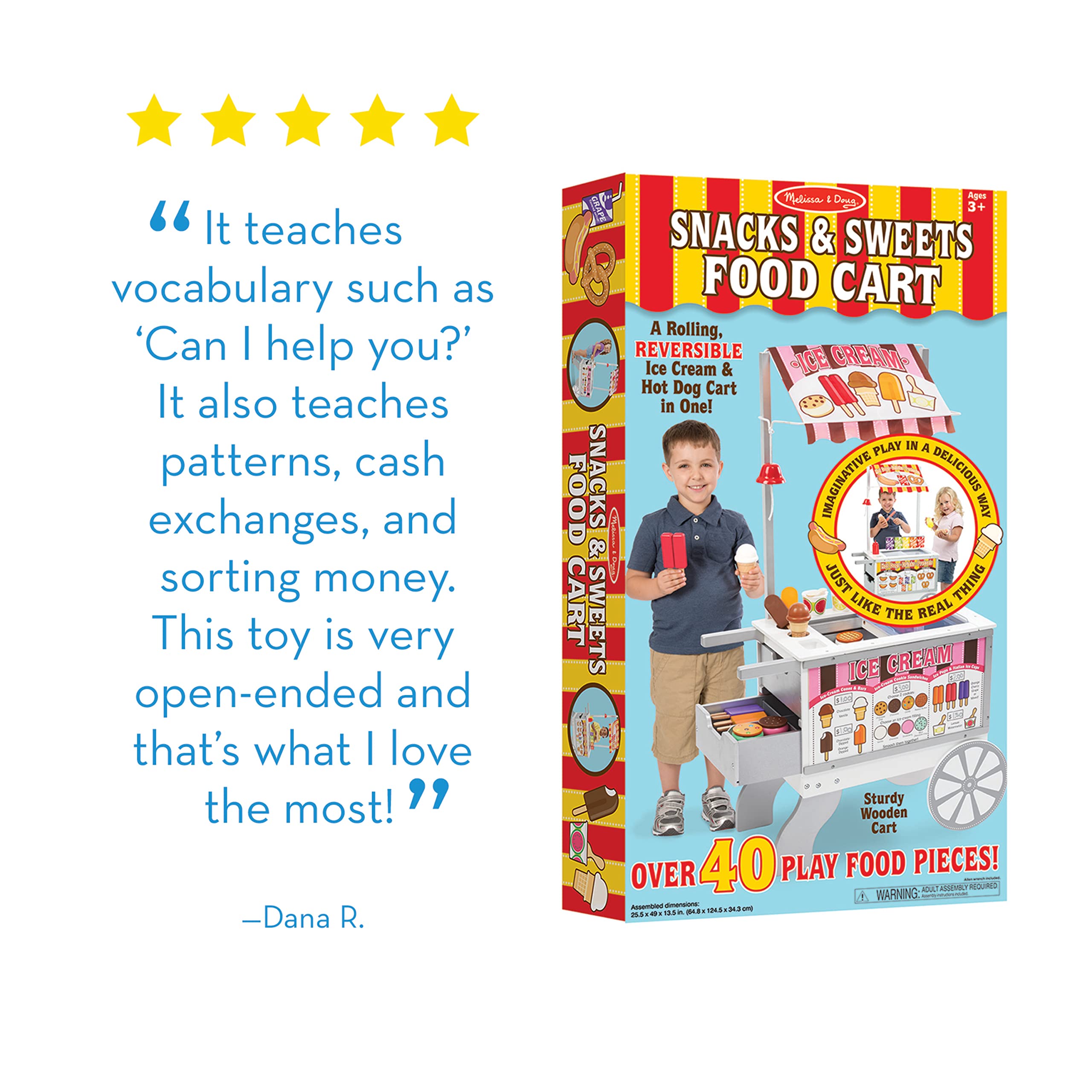 Melissa & Doug Wooden Pretend Play Food Cart with 40+ Pieces - Kids Snacks & Sweets Toy Set, Reversible Awning, Multi-Color Play Kitchen Accessories for Toddlers & Preschoolers - Perfect for Imaginative Play, Birthday Gifts & Daycare Learning Activities