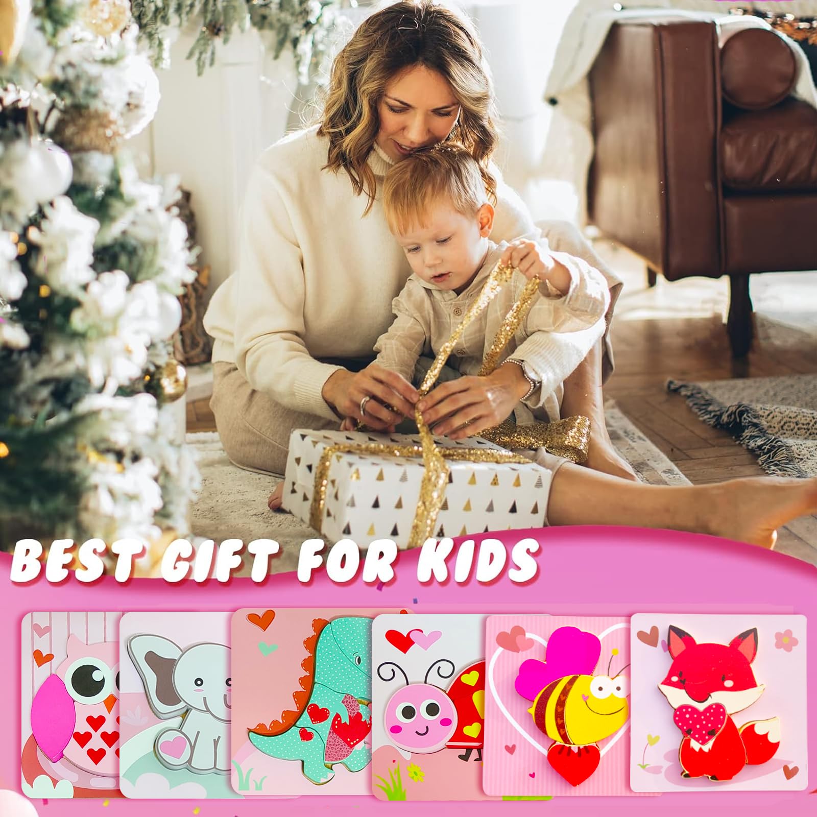 Valentine's Day Wooden Puzzle Set - 6 Pack Educational Toddler Toys for 1 2 3 4 Year Old Boys & Girls - First Valentine's Gift for Kids - Perfect for Preschool Learning & Holiday Gifting