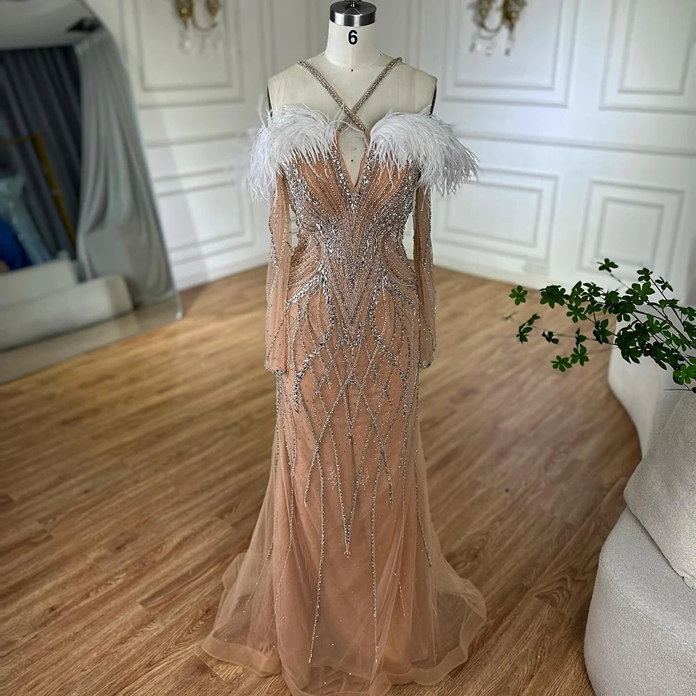 Luxury Dubai Blue Feather Beaded Mermaid Evening Gown for Women - Formal Dresses for Prom, Gala & Special Occasions - Elegant Beaded Sequin Gowns LA72836