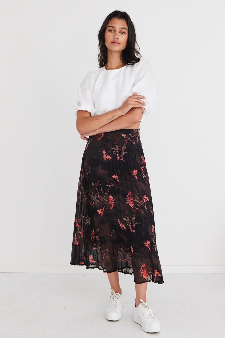 Elegant Black Orchid Chiffon Pleated Midi Skirt for Women | Flowy A-Line Summer Skirt | Perfect for Parties, Weddings & Office Wear