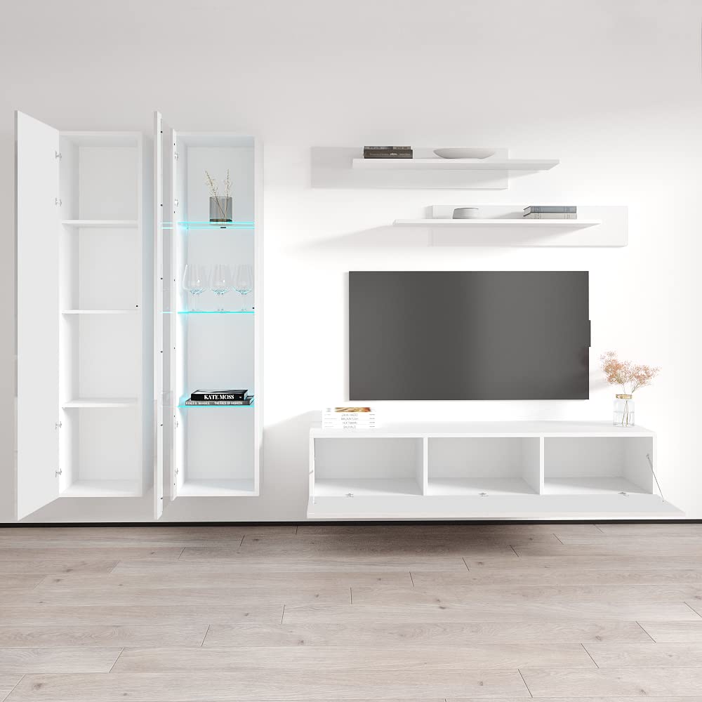 Modern Floating TV Stand with Storage & LED Lights - Wall-Mounted Entertainment Center for Bedroom & Living Room - White A4 30TV Console with Shelves - Perfect for Small Spaces & Home Theater Setup