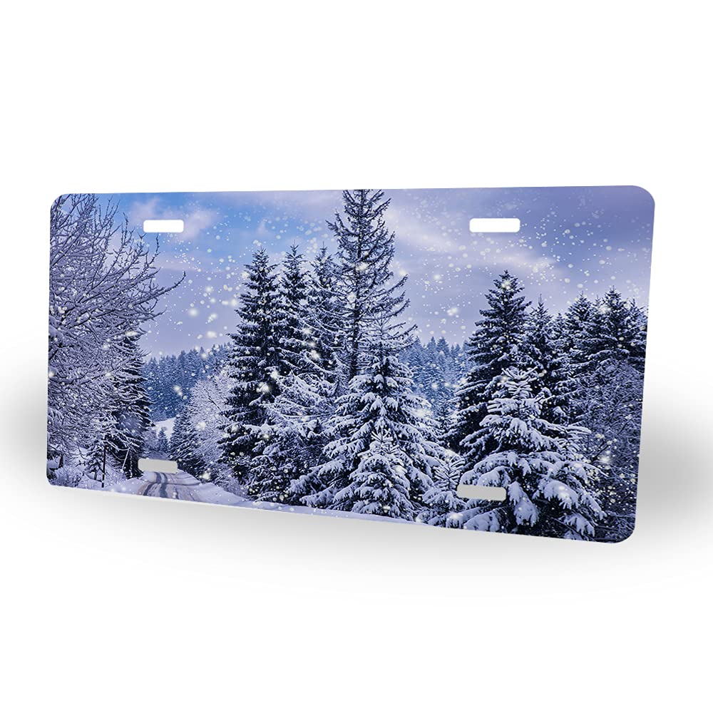 WONDERTIFY Winter Landscape Snowy Pine Trees Mountain Road Christmas Novelty Vanity Decorative Metal Car License Plate - 12
