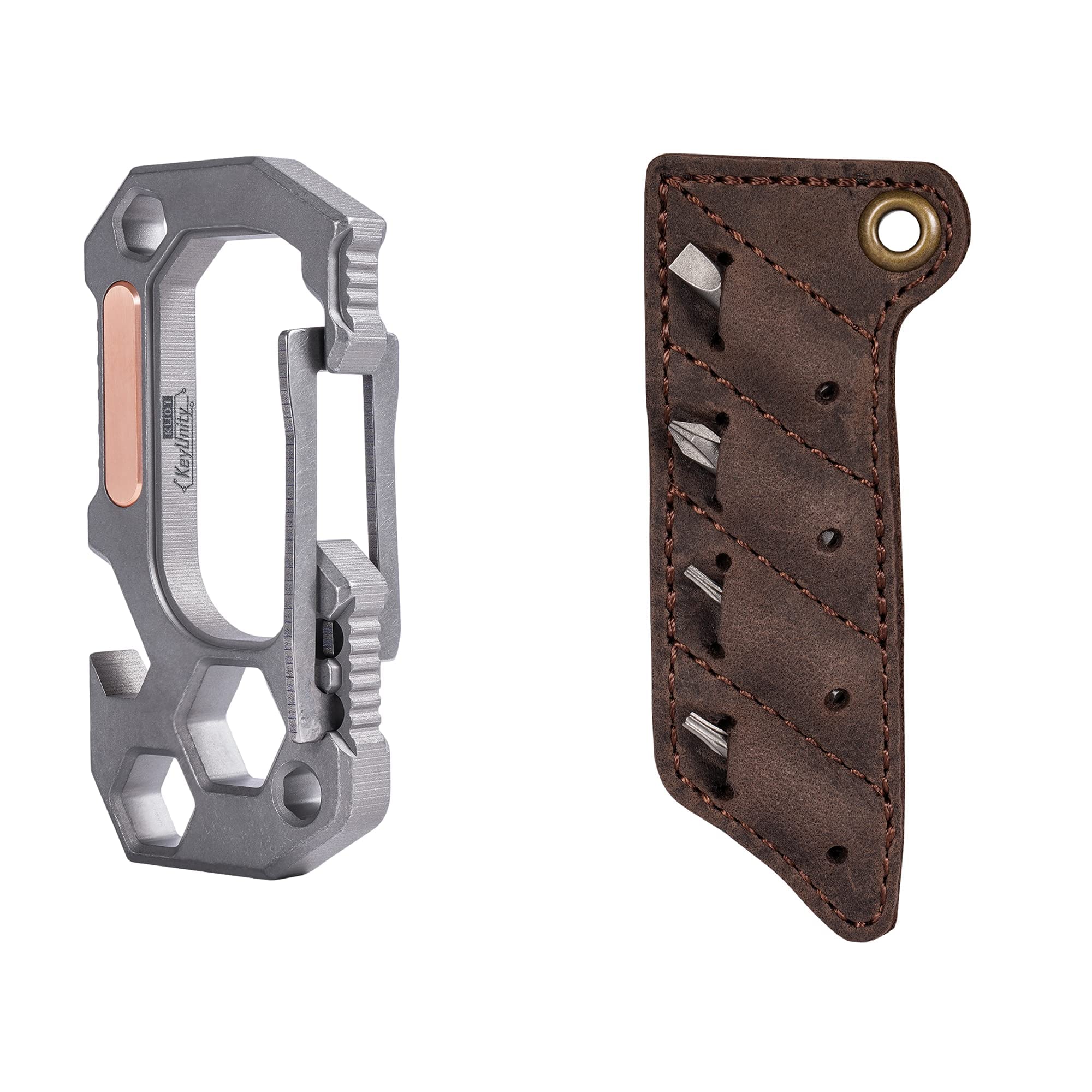 KeyUnity KU01 4-in-1 Titanium Multitool Carabiner Clip with KA06 Leather Sheath & Screw Bit Organizer - Compact Outdoor Gear for Camping, Hiking, Survival & Everyday Carry (EDC)