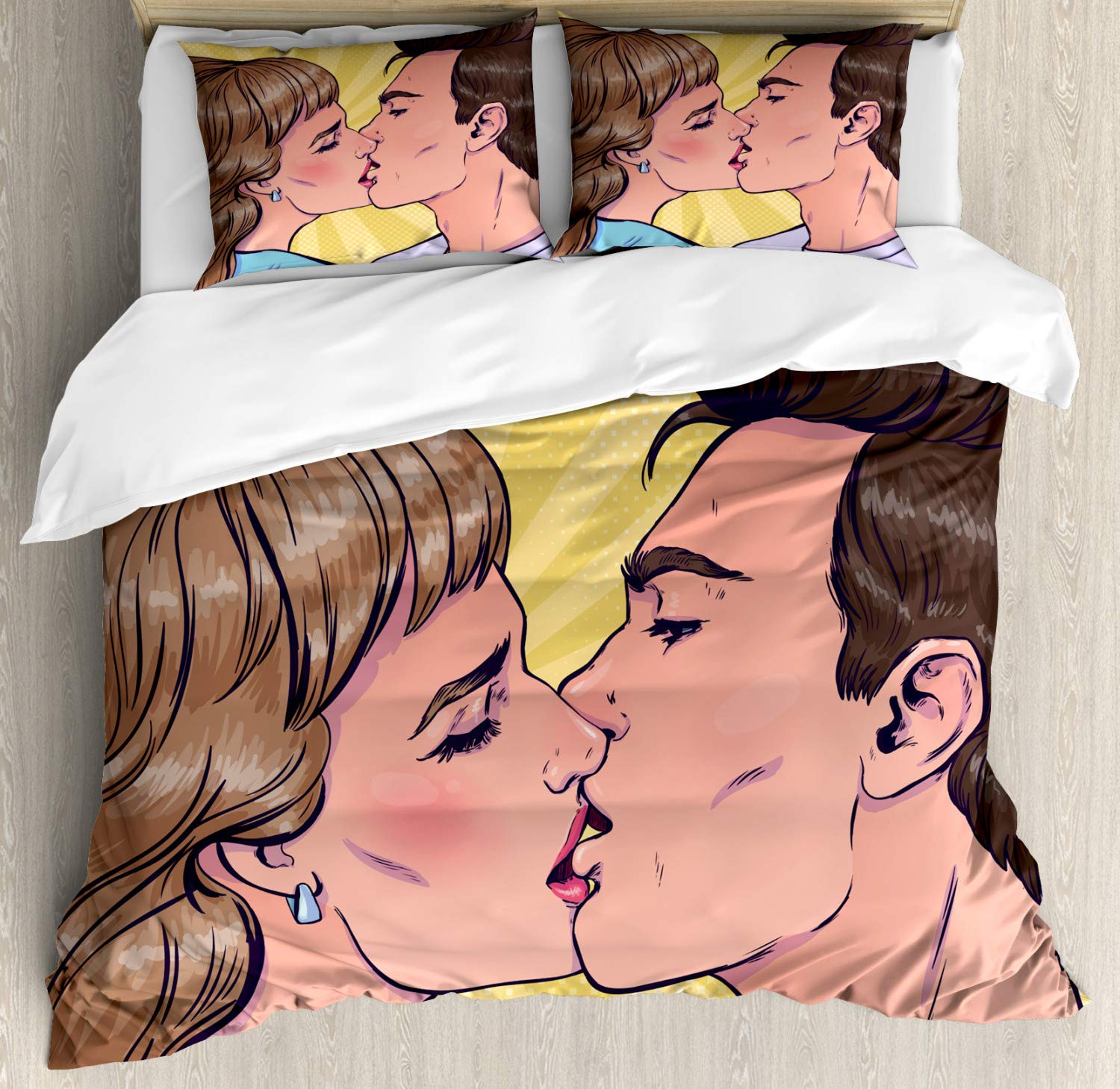 Ambesonne Romantic Kissing Duvet Cover Set - Valentine's Day Themed Comic Book Print of Passionate Couple in Love - 3 Piece Queen Size Bedding Set with 2 Pillow Shams - Perfect for Couples Bedroom, Anniversary Gifts & Valentine's Day Decor