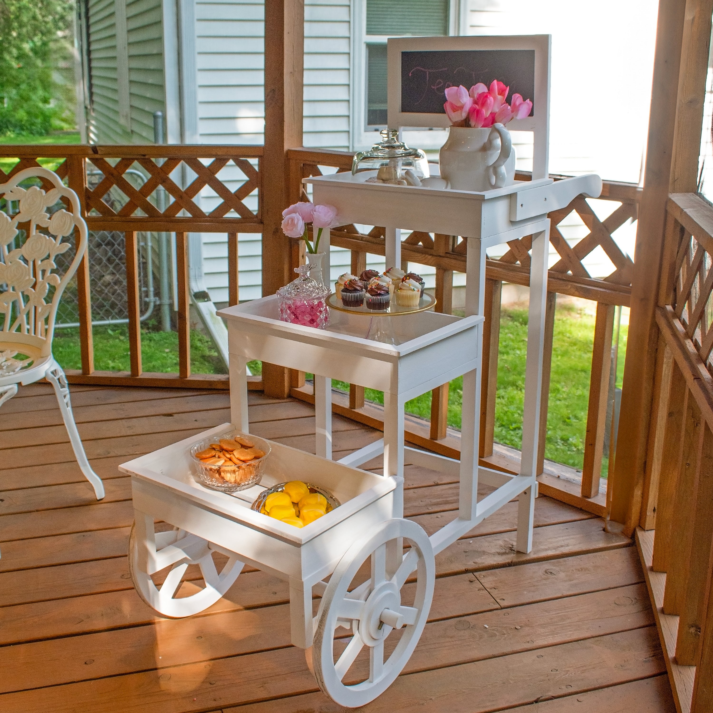 3-Tier Rolling Flower Cart Stand with Wheels - White Metal Garden Plant Display Rack for Indoor & Outdoor Decor, Patio, Balcony, and Backyard