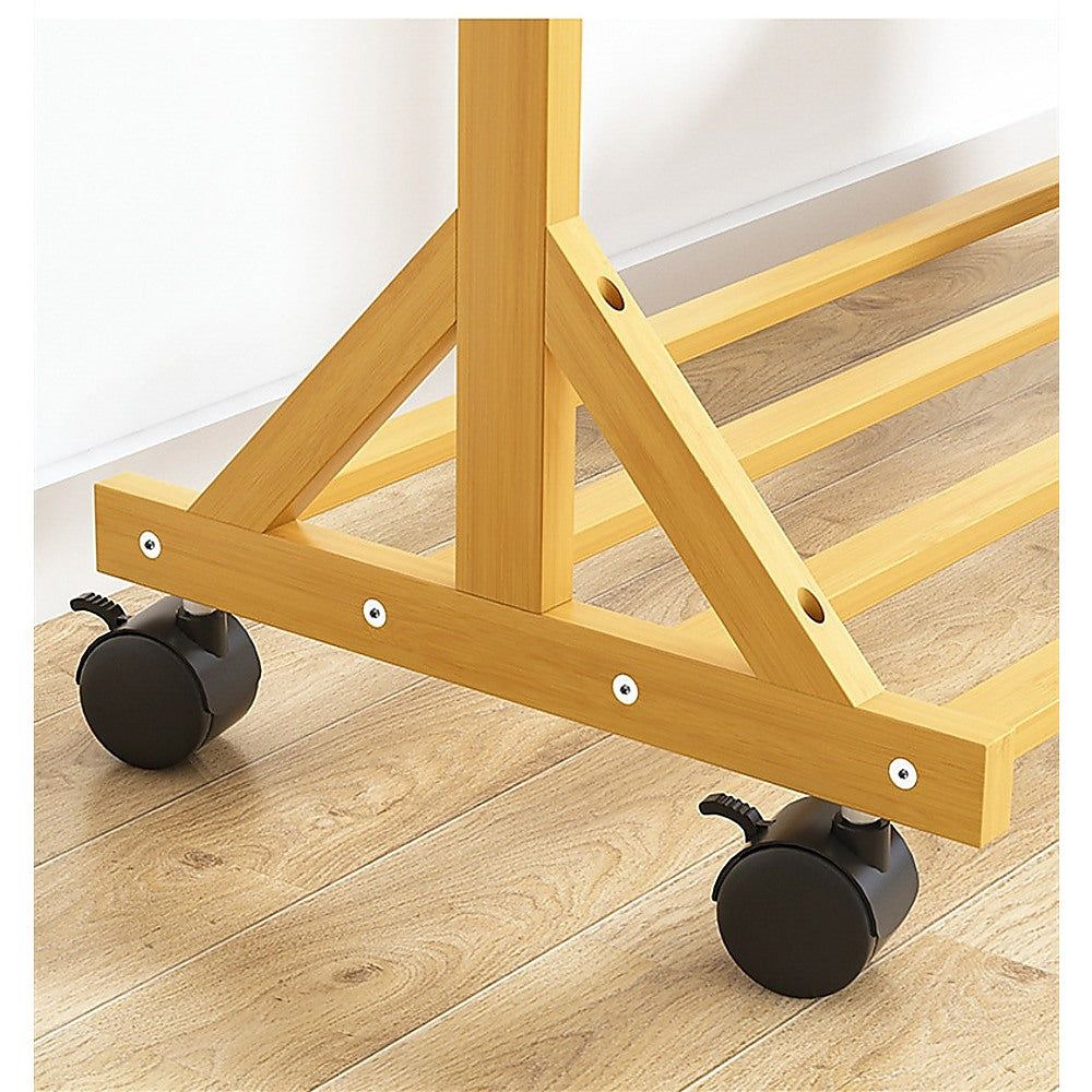 Portable Bamboo Clothes Rack - Adjustable Garment Stand with Wheels for Coat Hanging, Drying, and Organizing - Perfect for Bedroom, Closet, Laundry Room, and Small Spaces