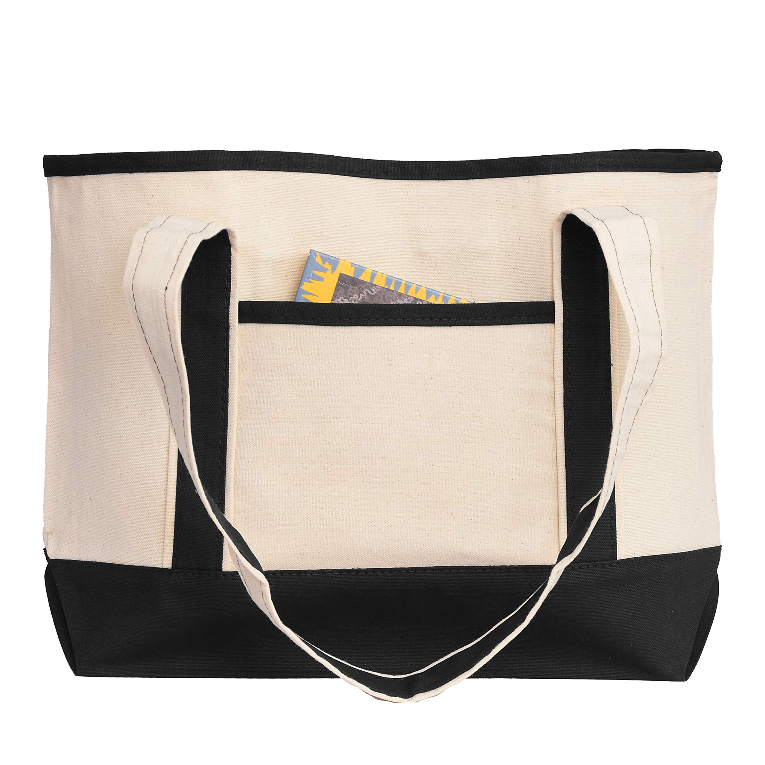 Premium Heavy Duty Canvas Two-Tone Boat Tote Bags with Front Pocket - Waterproof Beach Bag, Grocery Shopping Tote, Travel Carryall - Set of 2 (Black, Medium) - Perfect for Summer Outings, Picnics & Daily Commute