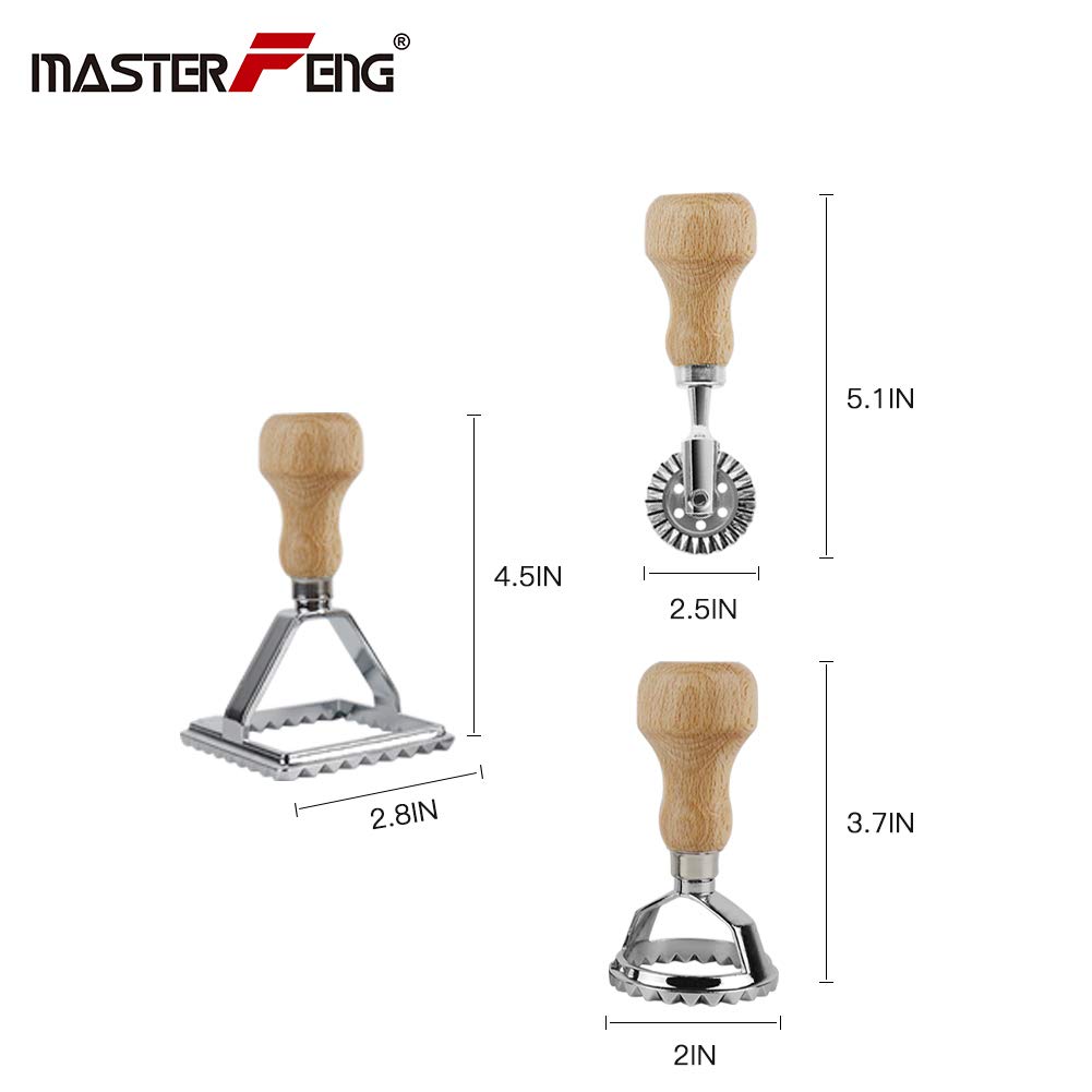 MASTER FENG Ravioli Stamp Maker & Cutter Set with Roller Wheel - Wooden Handle Pasta Press Mold with Fluted Edge - Kitchen Tool for Homemade Dumplings & Pasta (MF-146) - Perfect for Italian Cooking, Meal Prep & Family Dinners