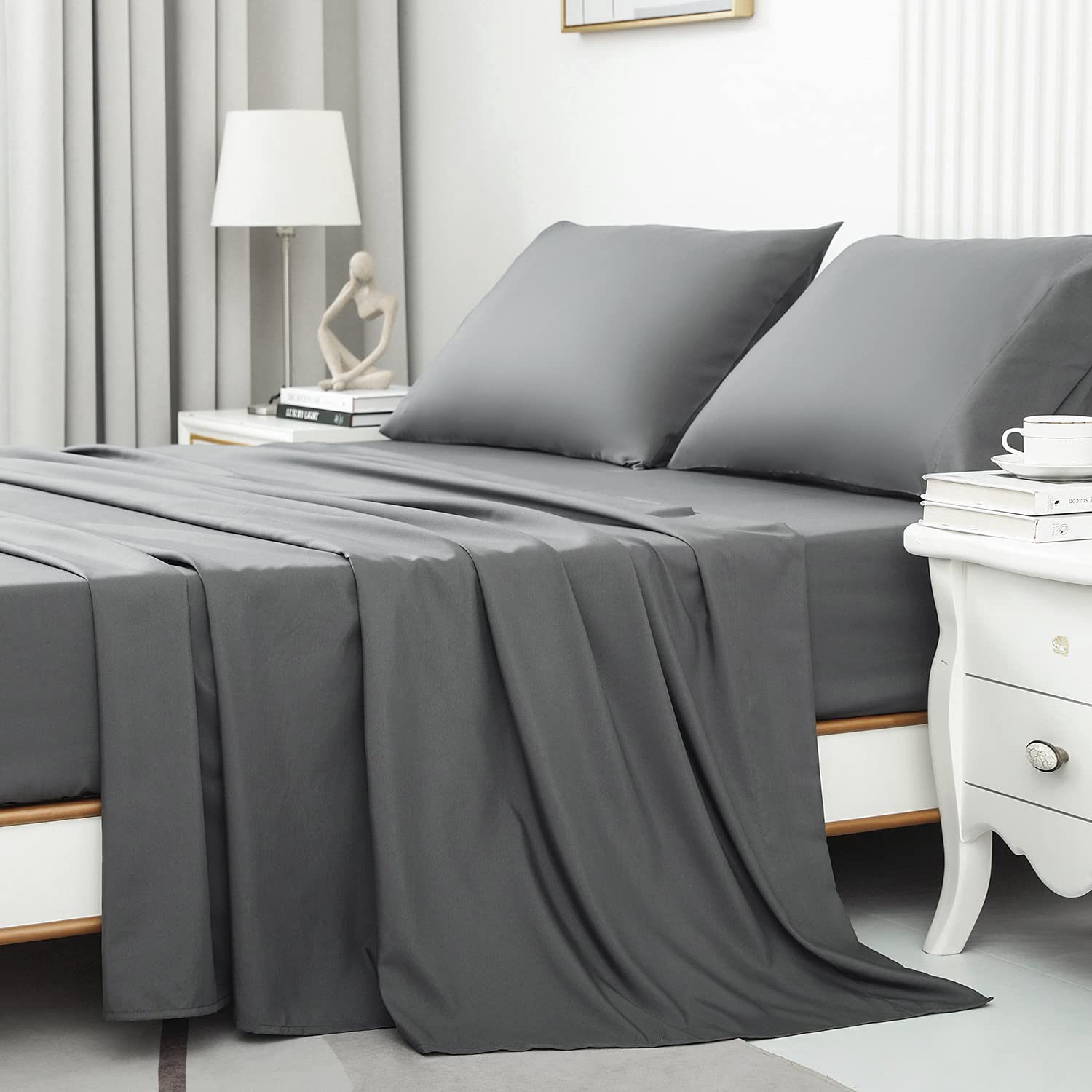 JOHNPEY Queen Size 4-Piece Bamboo Viscose Bed Sheet Set - Cooling, Breathable & Soft Sheets with 18-Inch Deep Pockets - Includes 1 Fitted Sheet, 1 Flat Sheet & 2 Pillowcases - Dark Gray - Perfect for Hot Sleepers & All-Season Comfort