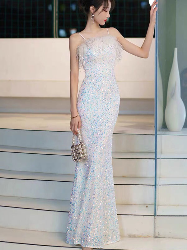 Elegant Pink and White Sequins Fishtail Slip Evening Dress for Prom, Wedding, and Formal Events