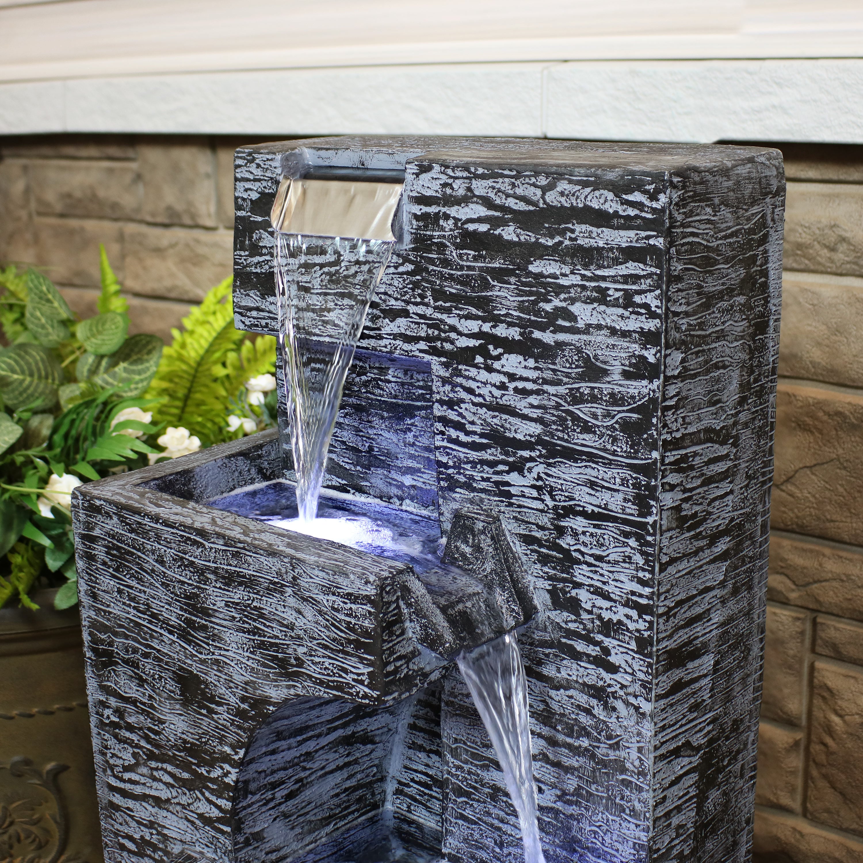 Contemporary Cascading Tower Water Fountain with LED Lights & Electric Submersible Pump - 32 Inch Outdoor Garden Decor for Patio, Yard & Landscape Design